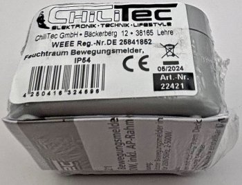 Feuchtraum PIR Bewegungsmelder, IP54 / 250V~, 2-500W, inkl. AP-Rahmen, grau