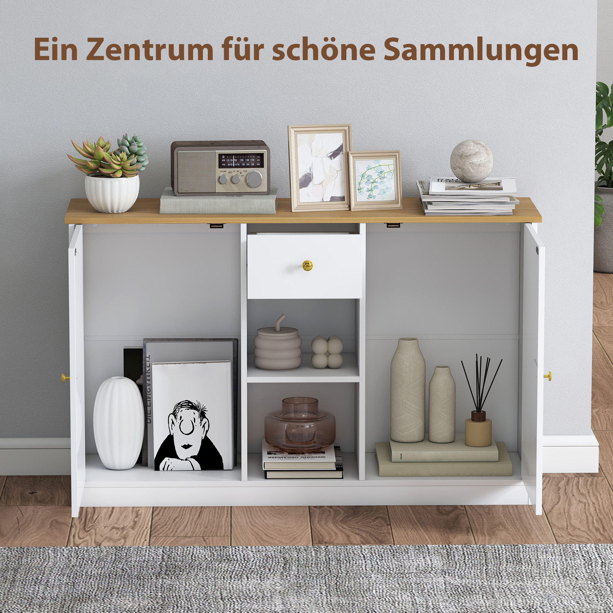 Küchenkommode, Sideboard mit Schublade, Schränken, Regalen, Spanplatte, Weiß