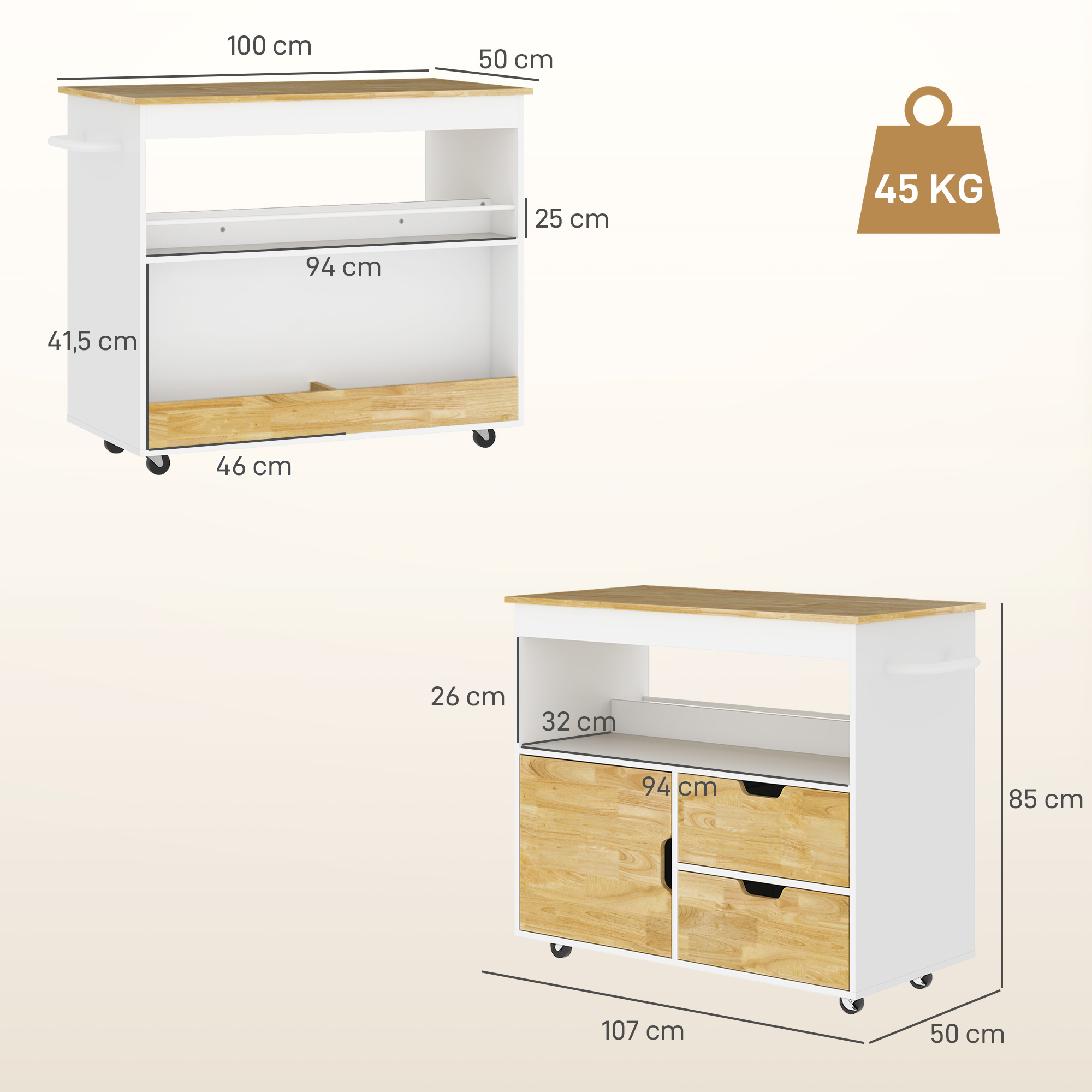 Küchenwagen, Rollbare Kücheninsel, Küchen-Trolley mit Fächern, Schrank und Arbeitsfläche, Weiß