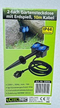 Gartensteckdose mit Erdspieß, 2-fach, IP44, 10m Kabel Gartensteckdose mit Erdspieß, 2-fach, IP44, 10m Kabel