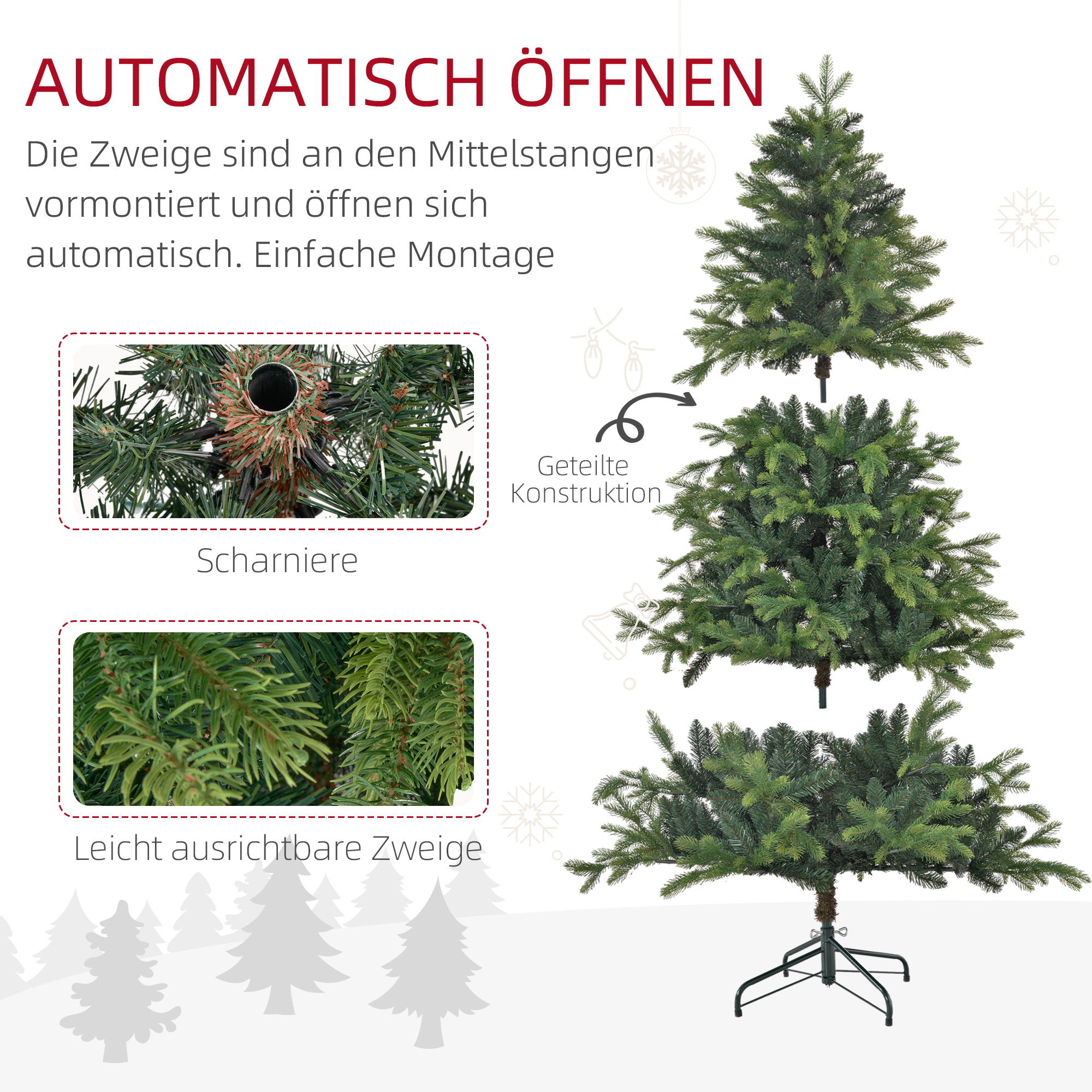 Künstlicher Weihnachtsbaum, realistisches Aussehen, flammhemmend, stabiler Metallfuß, 183 cm, Grün