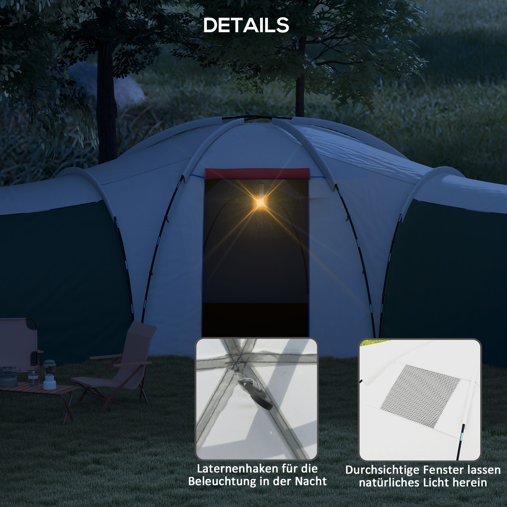Campingzelt für 6-9 Personen, 4 Räume, Vorzelt, wasserdicht, 615x 615x225cm, Grün