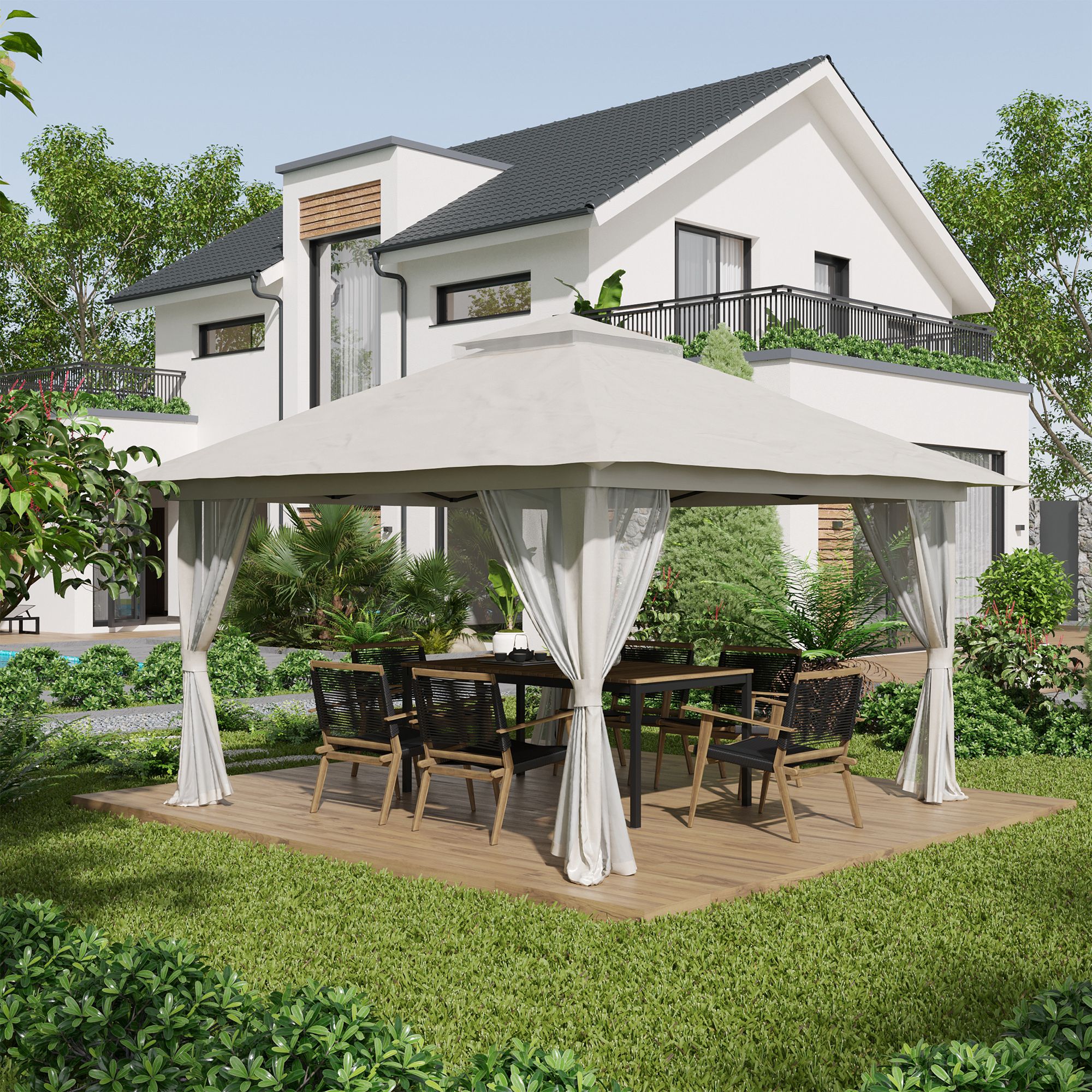 Faltpavillon, höhenverstellbar, 4 Netzwände, Lüftungsdach, Tragetasche, Schnellaufbau, 4 x 4 x 3 m, Cremeweiß