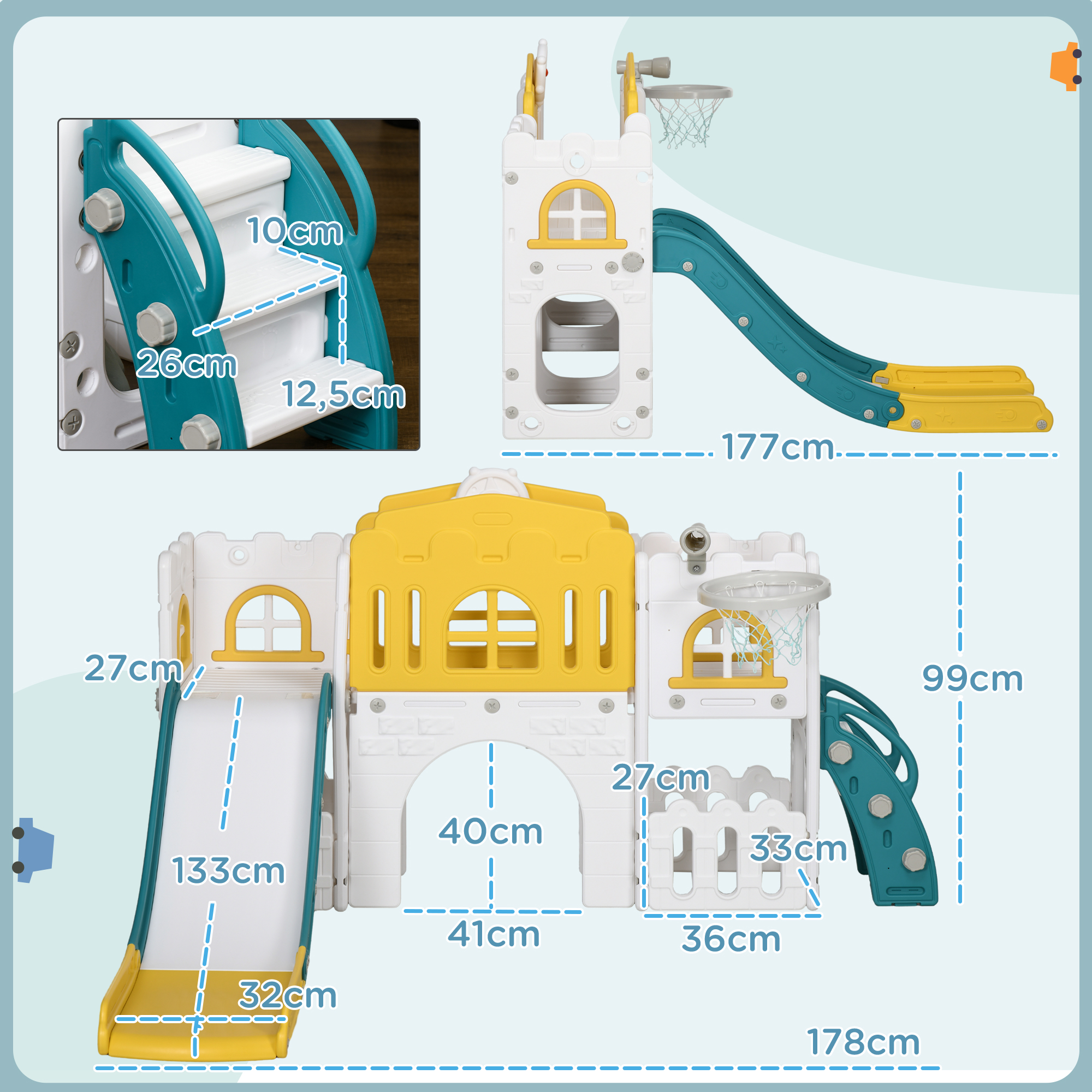 Kinderrutsche, 7-in-1 Spielgerüst, mit Basketball & Lenkrad, für 1-3 Jahre, 178x177x99cm, Gelb/Weiß/Grün