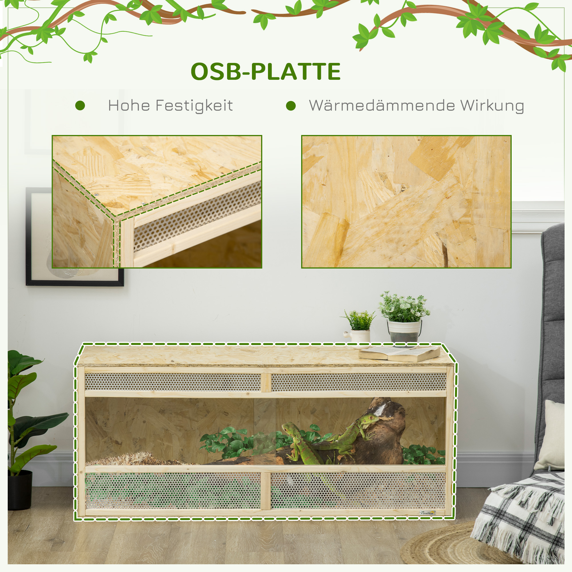 Terrarium für Reptilien/Amphibien, Glasschiebetüren, Lüftungsgitter, 120x50x50cm