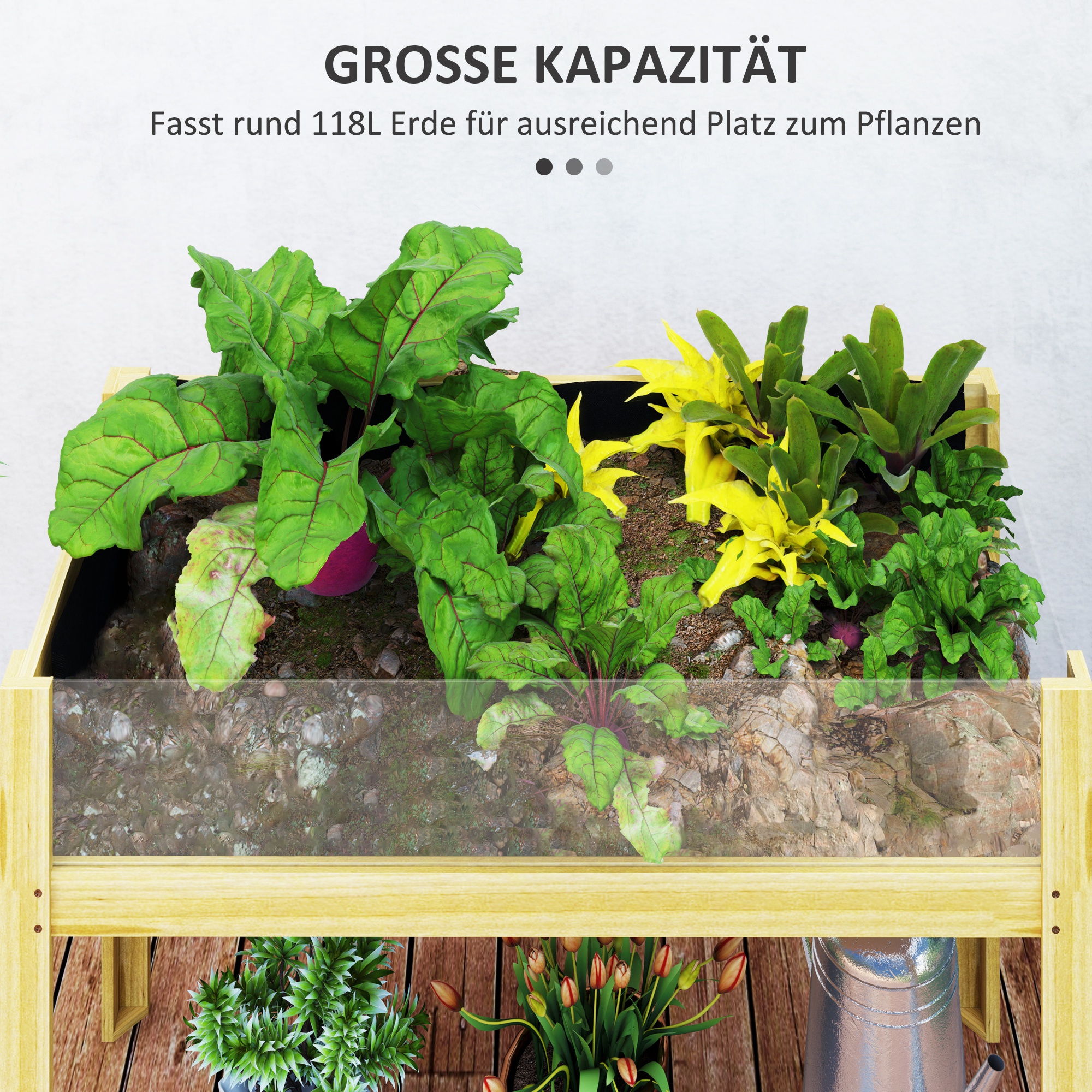 Hochbeet, Holz-Pflanzbox mit Acrylplatten an zwei Seiten, für 118 L Erde, Wasserabflusslöcher, 110 x 50 x 80 cm