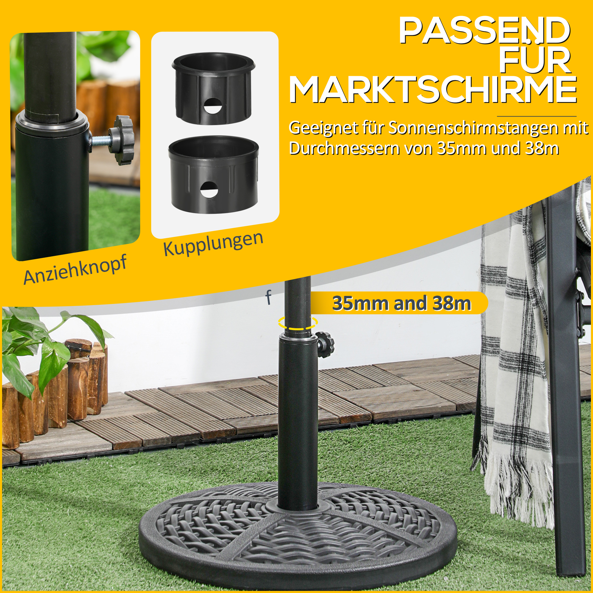Sonnenschirmständer aus Beton, Schirmständer mit Stahlrohr, Rund Schirmhalter, für Balkon, Terasse, Garten, Schwarz