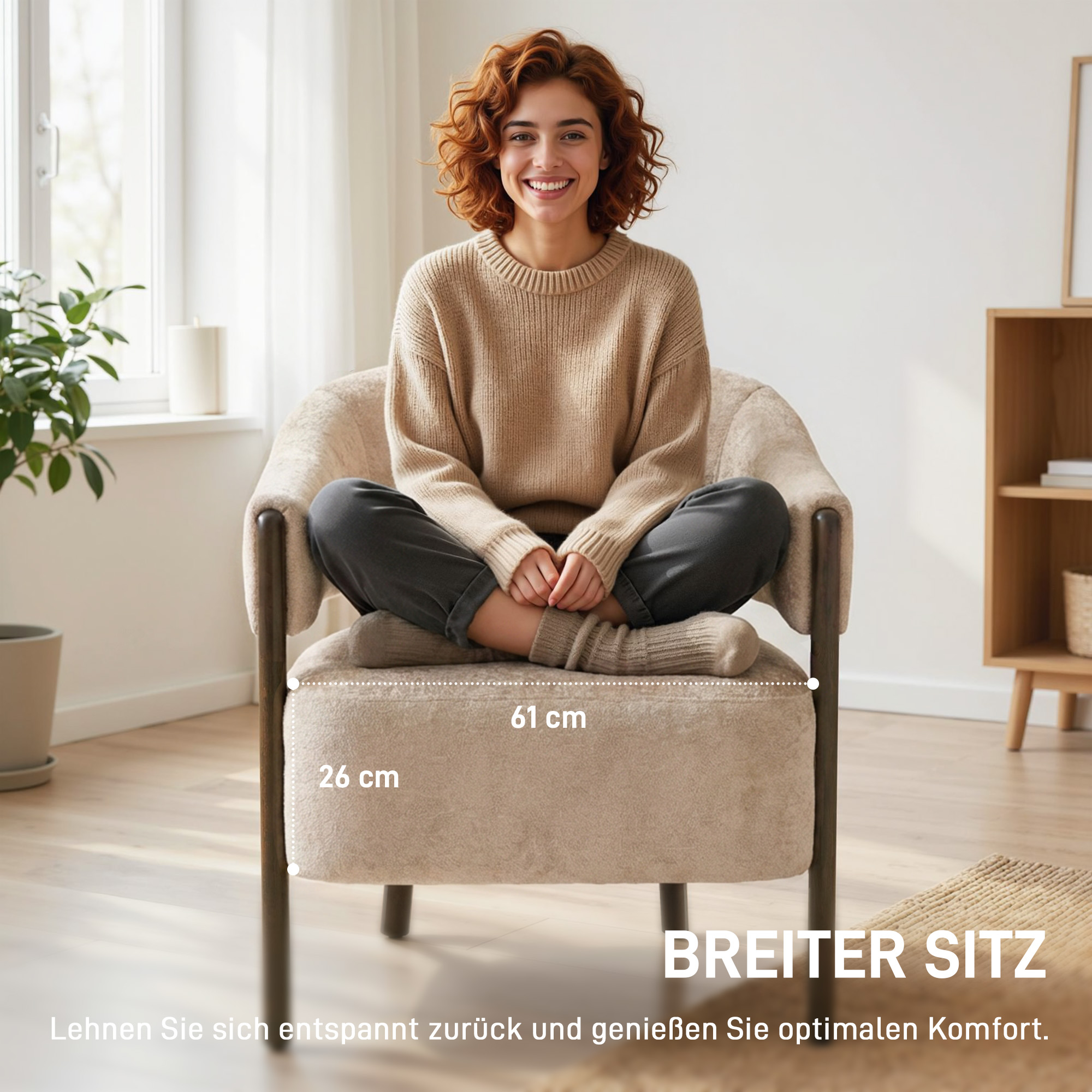 Akzentstuhl, Chenille-Polstersessel mit Massivholzrahmen und Beinen, Beige