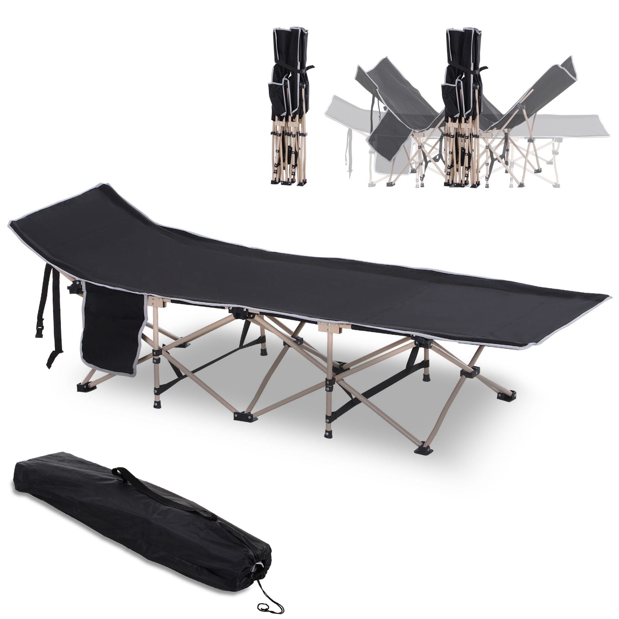 Feldbett, Campingbett, klappbar, wetterbeständig, ink. Tragetasche, 190 x 68 x 52 cm, Schwarz