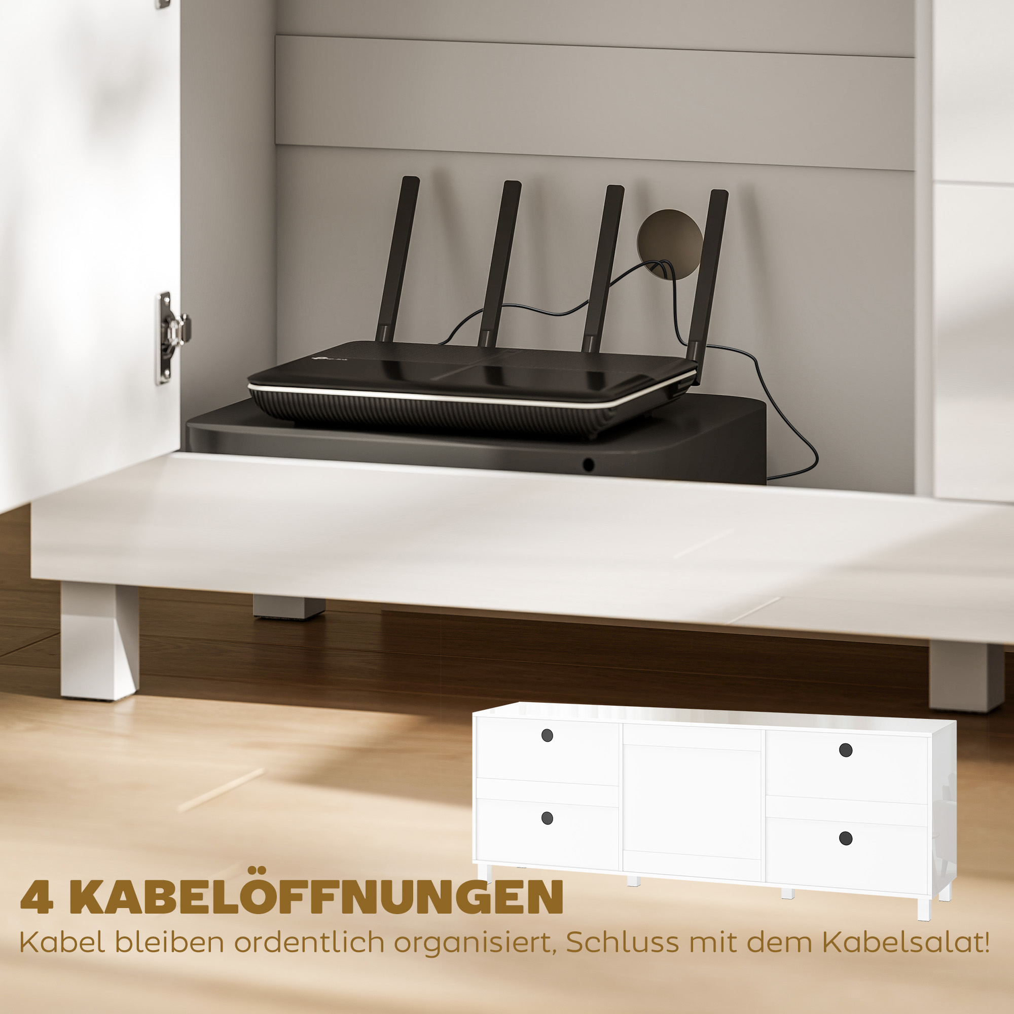 TV-Schrank für Fernseher bis zu 75 Zoll, modernes Entertainment-Center mit 2 Schränken und 2 Schubladen, Hochglanz Weiß