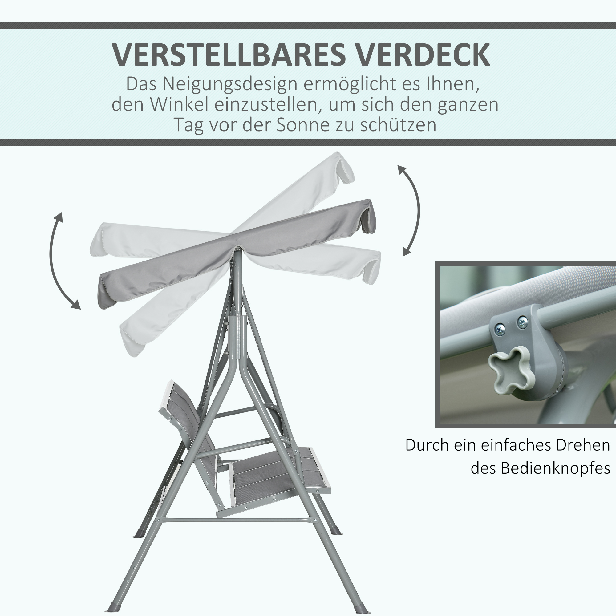 Hollywoodschaukel mit verstellbarem Sonnendach, 3-Sitzer Gartenschaukel mit Anti-Rutsch-Füßen, Schaukelbank belastbar bis 240 kg, Gartenliege für Garten, Terasse, 171x108x154cm, Grau