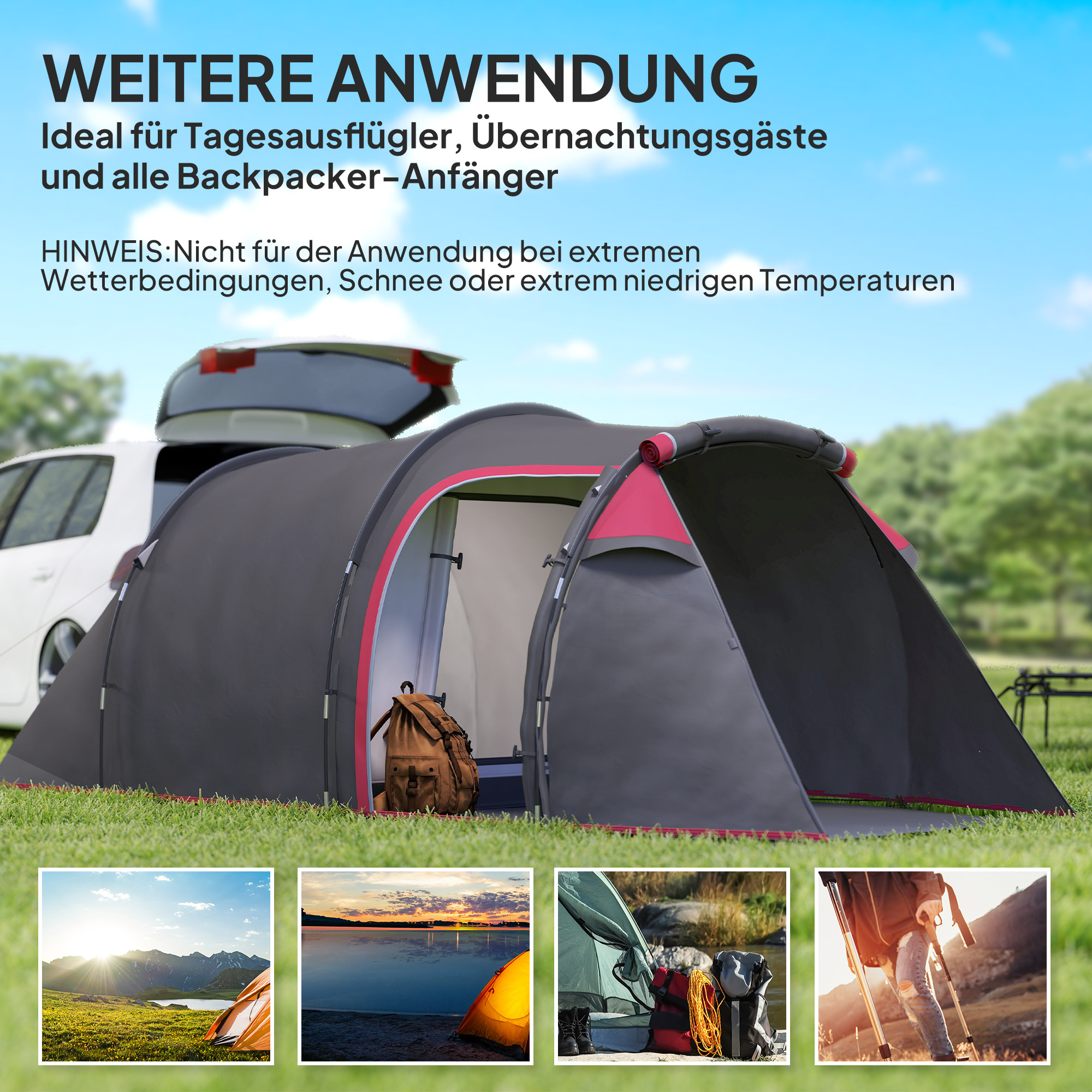 Campingzelt, Wurfzelt für 2-3 Personen, Vorraum & Schlafbereich, wasserdicht, 426 x 206 x 154 cm, Grau
