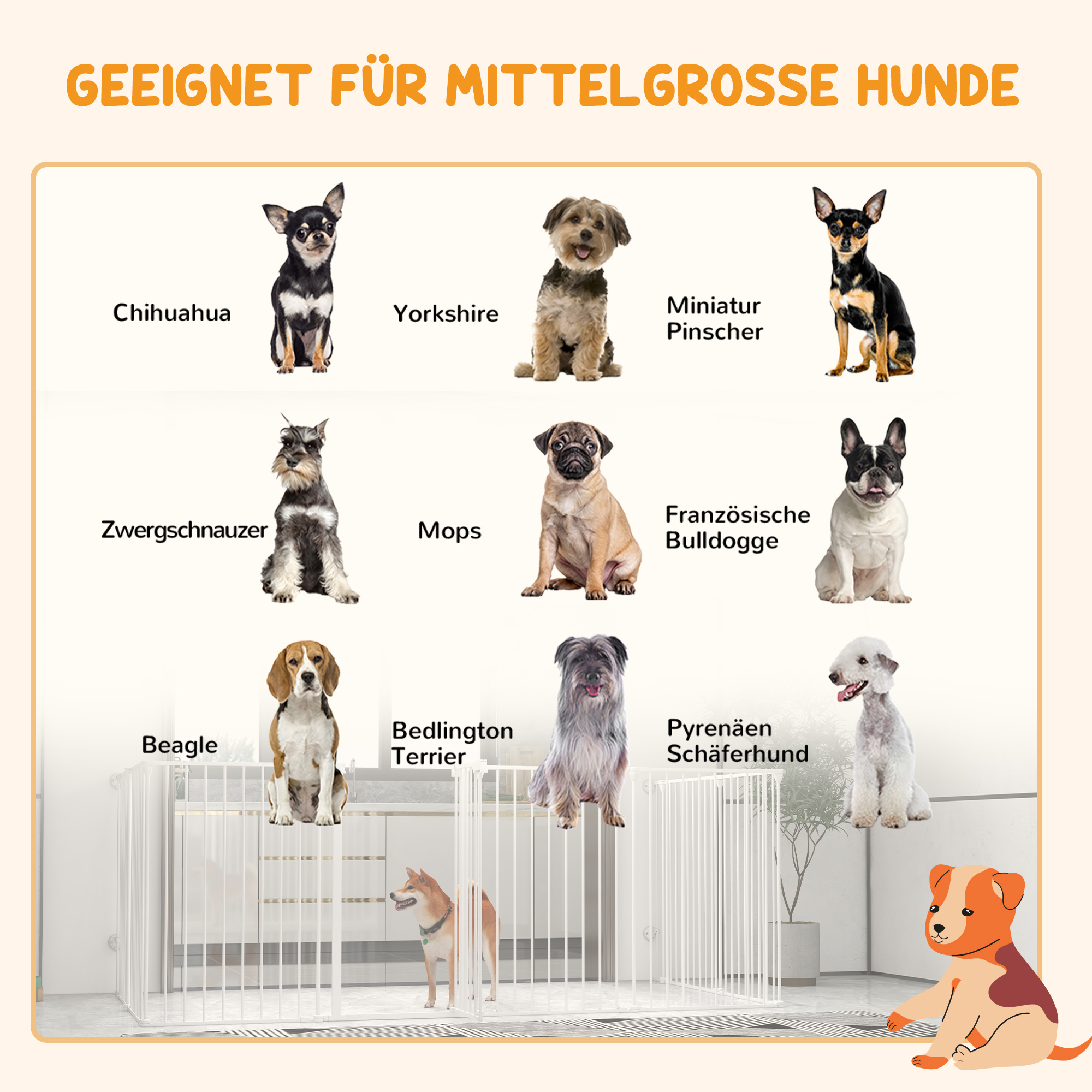 2-in-1 Welpenauslauf und Absperrgitter, 8 Paneele, verriegelbare Tür, Stahl, 90 cm Höhe, weiß