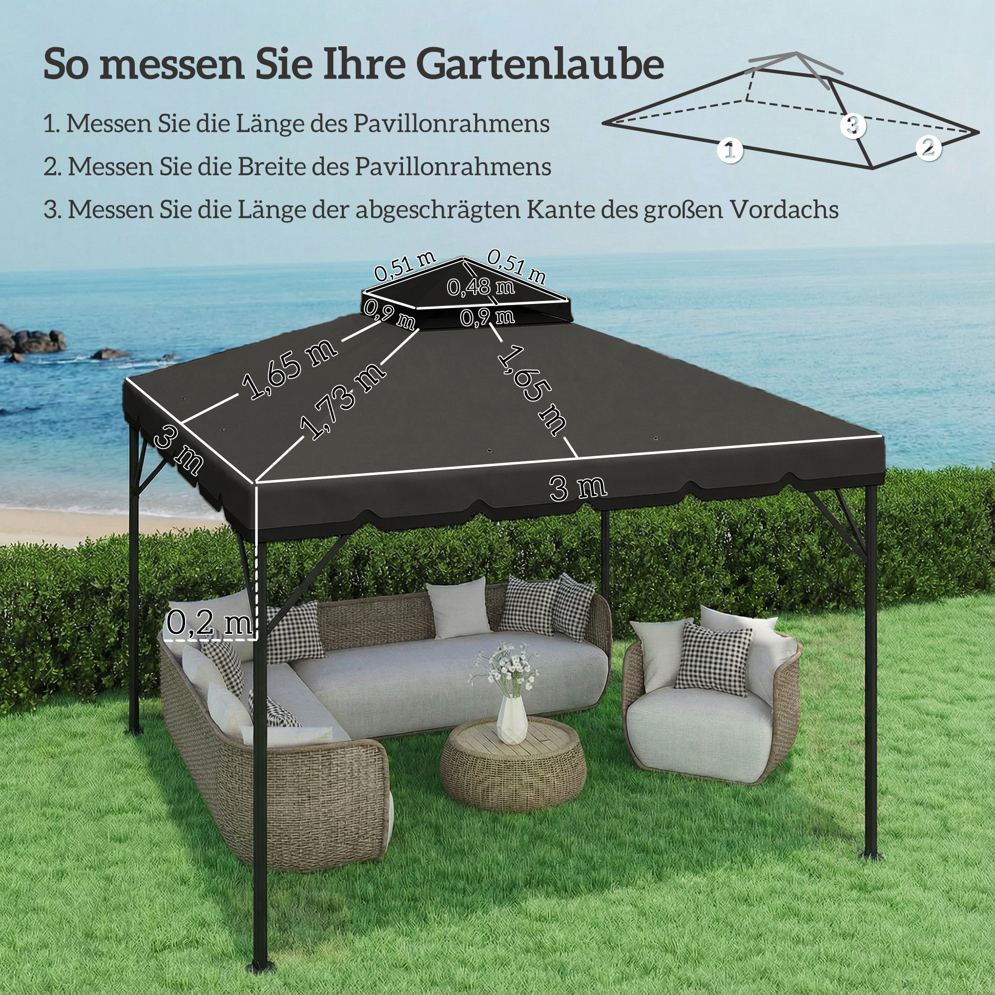 Ersatzdach für Pavillon 3x3m Wasserabweisend Pavillondach mit Doppeldach Wasserablauflöchern Hellgrau