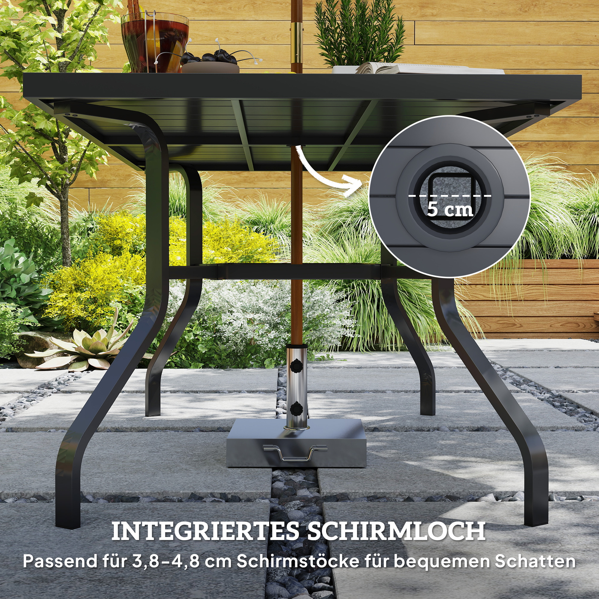 Gartentisch 152x90 cm, Wetterfest Balkontisch aus Stahl, Beistelltisch mit Schirmloch, Latten-Design Schwarz