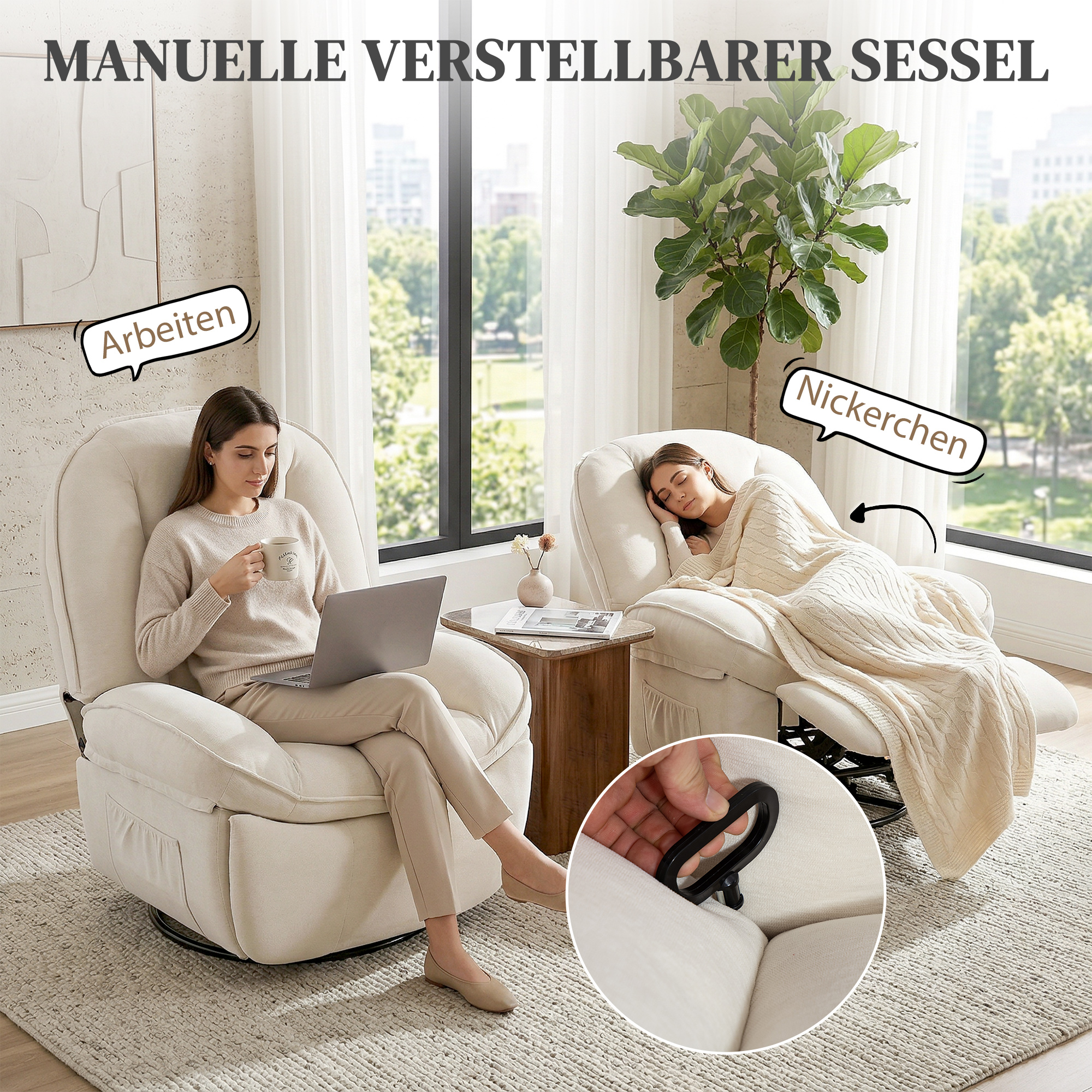 Relaxsessel, Drehbarer Schaukel- und Liegestuhl mit Tiefer Sitzfläche, Dickem Rückenpolster, Einfacher Montage, Creme