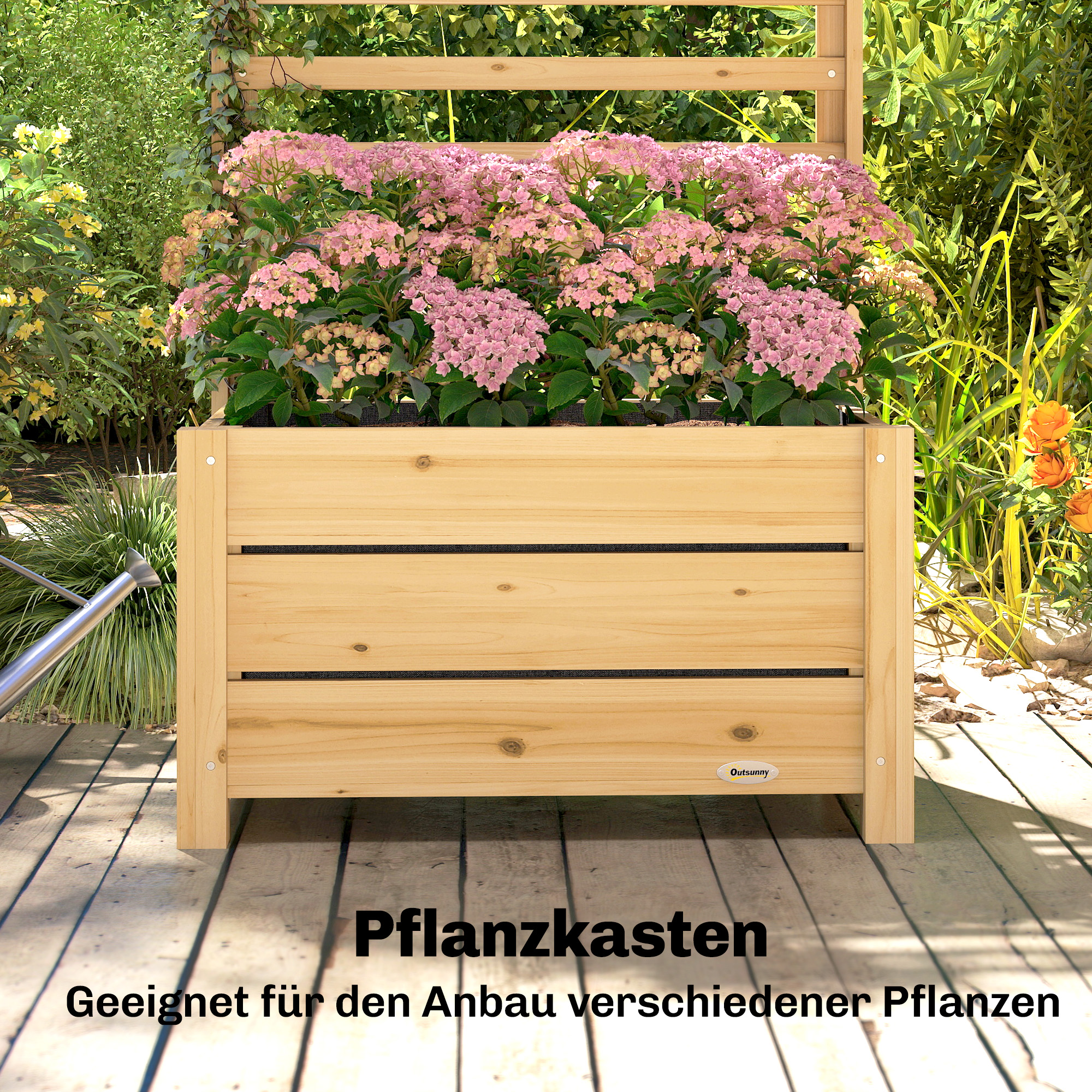 Hochbeet mit Rankgitter Holz erhöhter Blumenkasten mit Spalier Abflussloch Vliesstoff 60 x 39 x 120 cm Naturholz