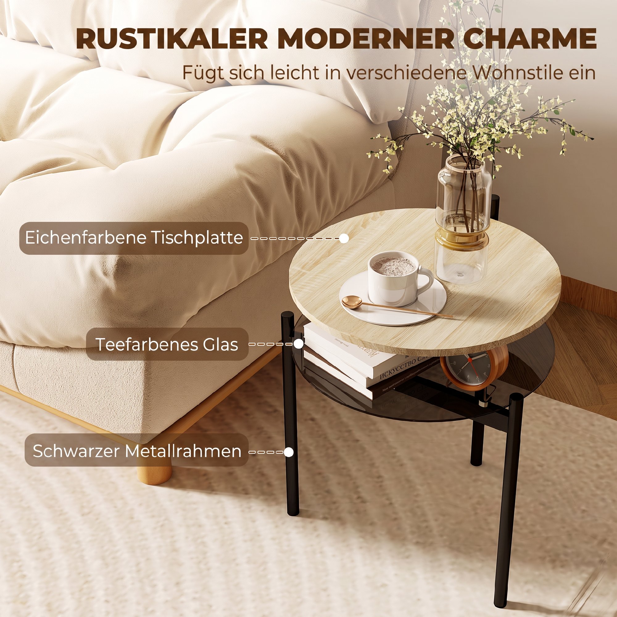 Runder Beistelltisch mit offener Glasablage für kleine Räume, Wohnzimmer, Schlafzimmer, 41,8 x 39,8 x 53,5 cm, Eiche