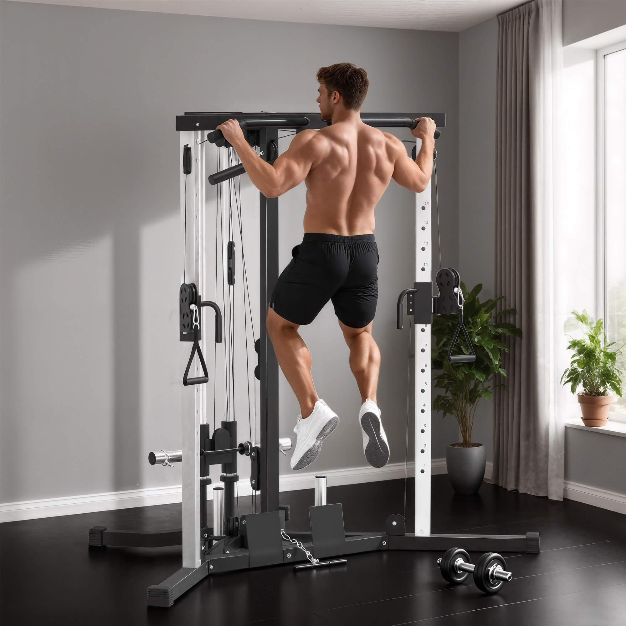 Kraftstation Fitnessstation mit Latzug, Klimmzugstange Curl-/Ruderstange Griffe, 15-fach verstellbar