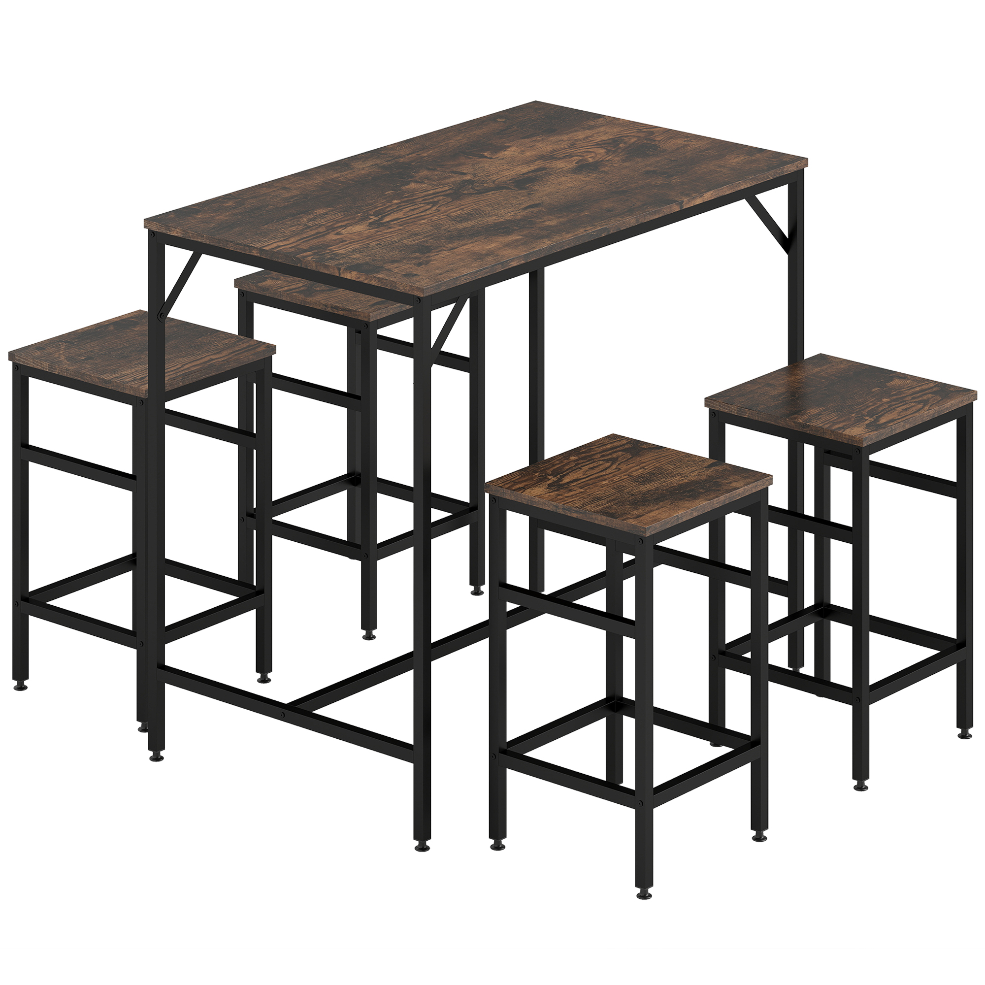 5-teiliges Bartisch Set Bartisch mit Barhocker-Set Esstisch mit 4 Stühlen Küchentisch für Esszimmer, Küche, Rustikal-Braun+Schwarz