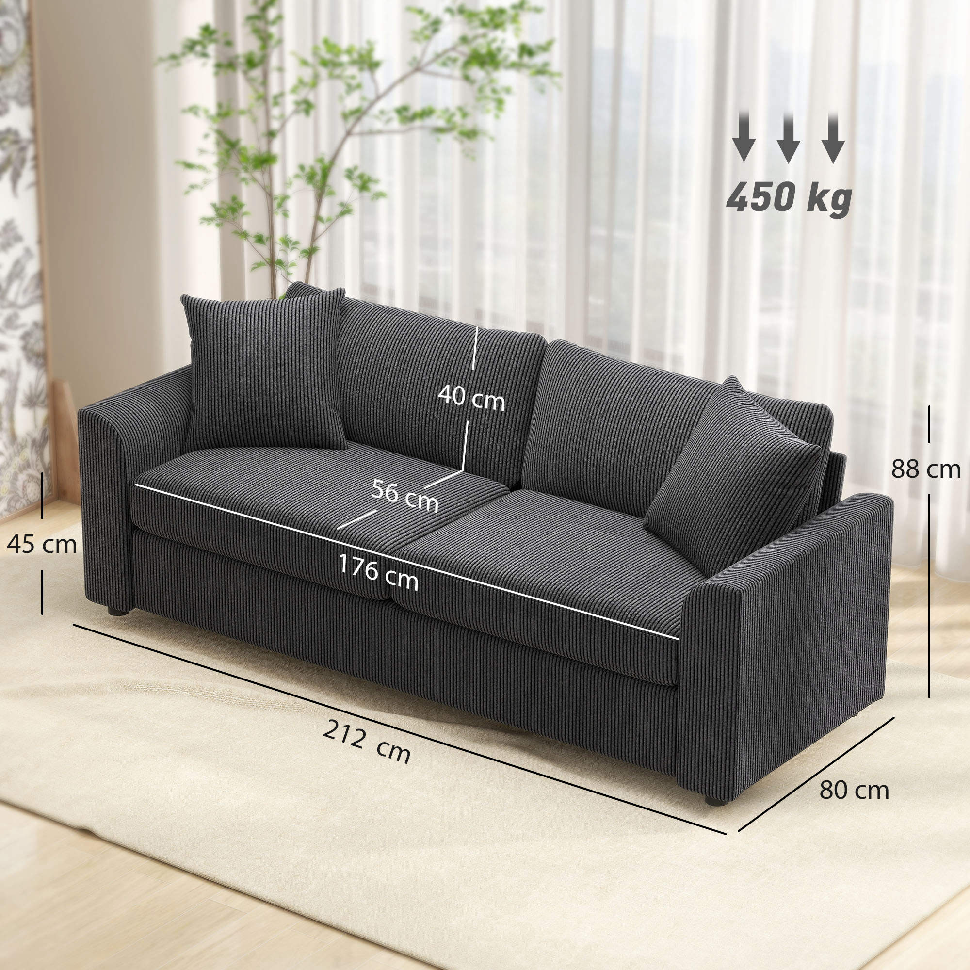 3-Sitzer-Sofa mit Zierkissen, Cordsofa für Wohnzimmer, Schlafzimmer, 212 cm breit, Dunkelgrau