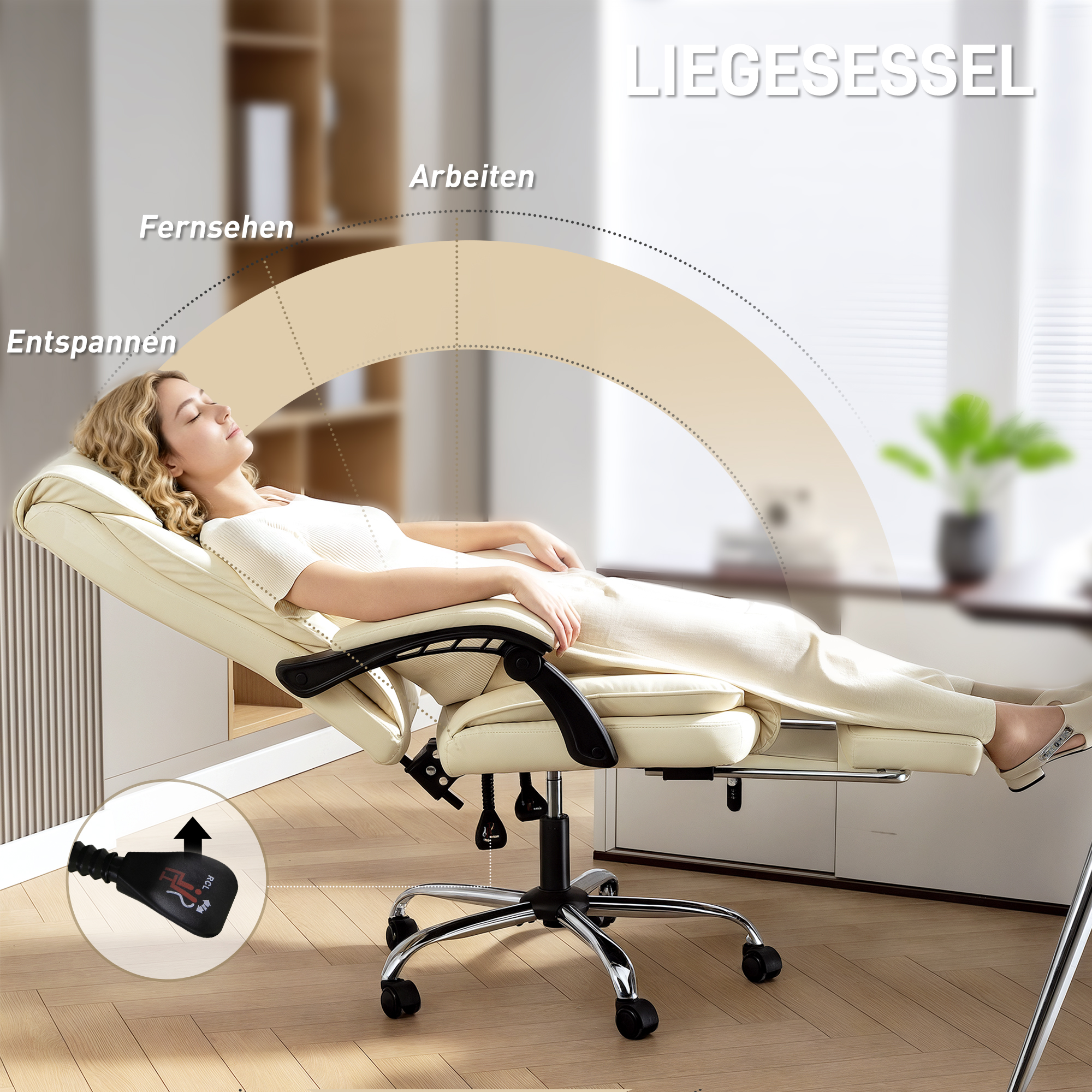 ergonomischer Bürostuhl mit Fußstütze, Kunstleder-Bezug, rollbar, drehbar, Metall, Beige+Schwarz
