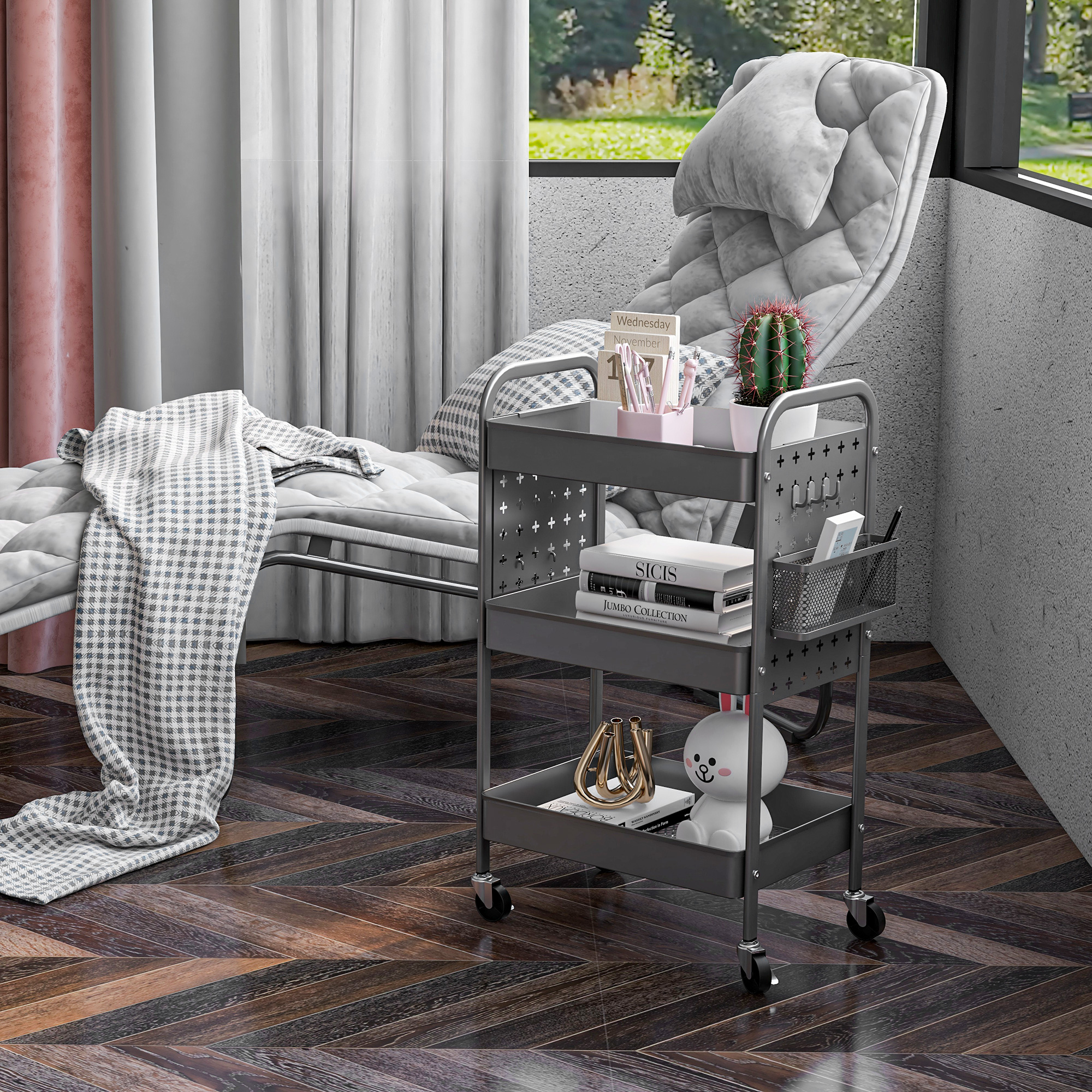 Mehrzweckwagen Rollwagen Küchenwagen, 3 Regale, 4 Rollen, 53,5 cm x 30,5 cm x 75 cm, Grau