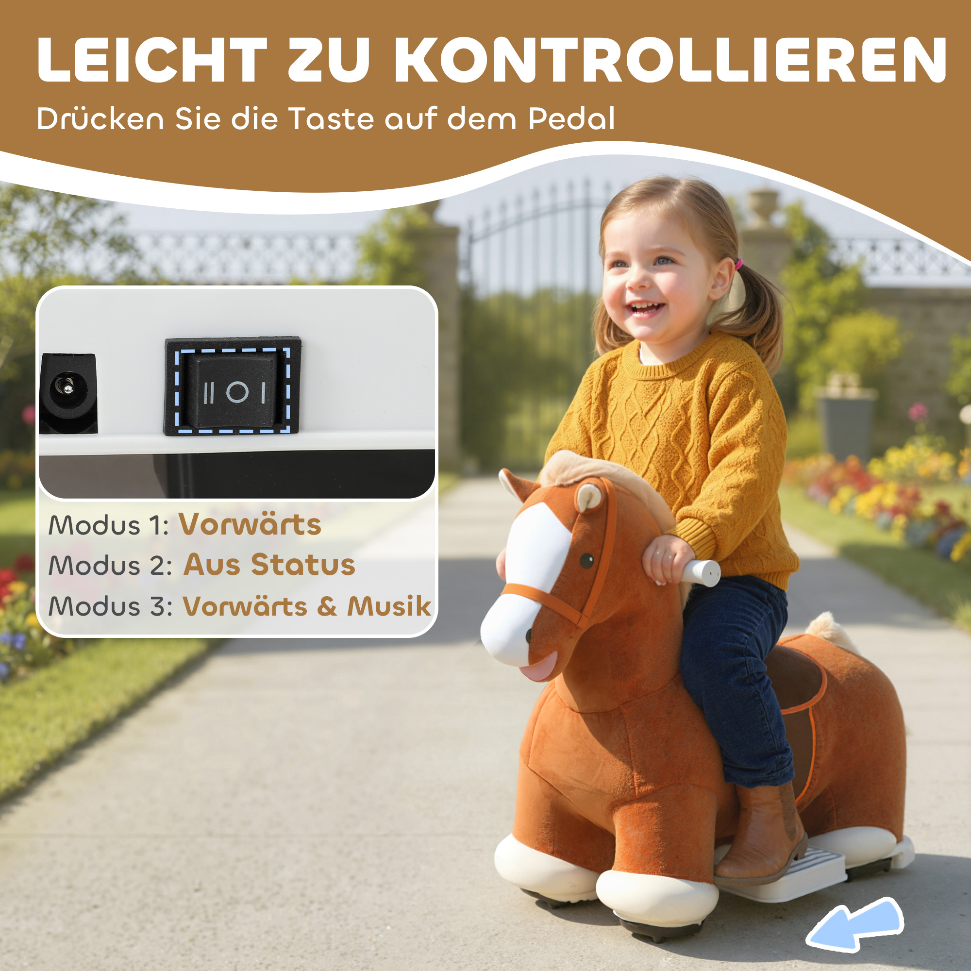 fahrbares Reitpferd für Kinder, weicher Bezug, Batteriebetrieb, Musik, Räder, 1,5-5 Jahre, Braun