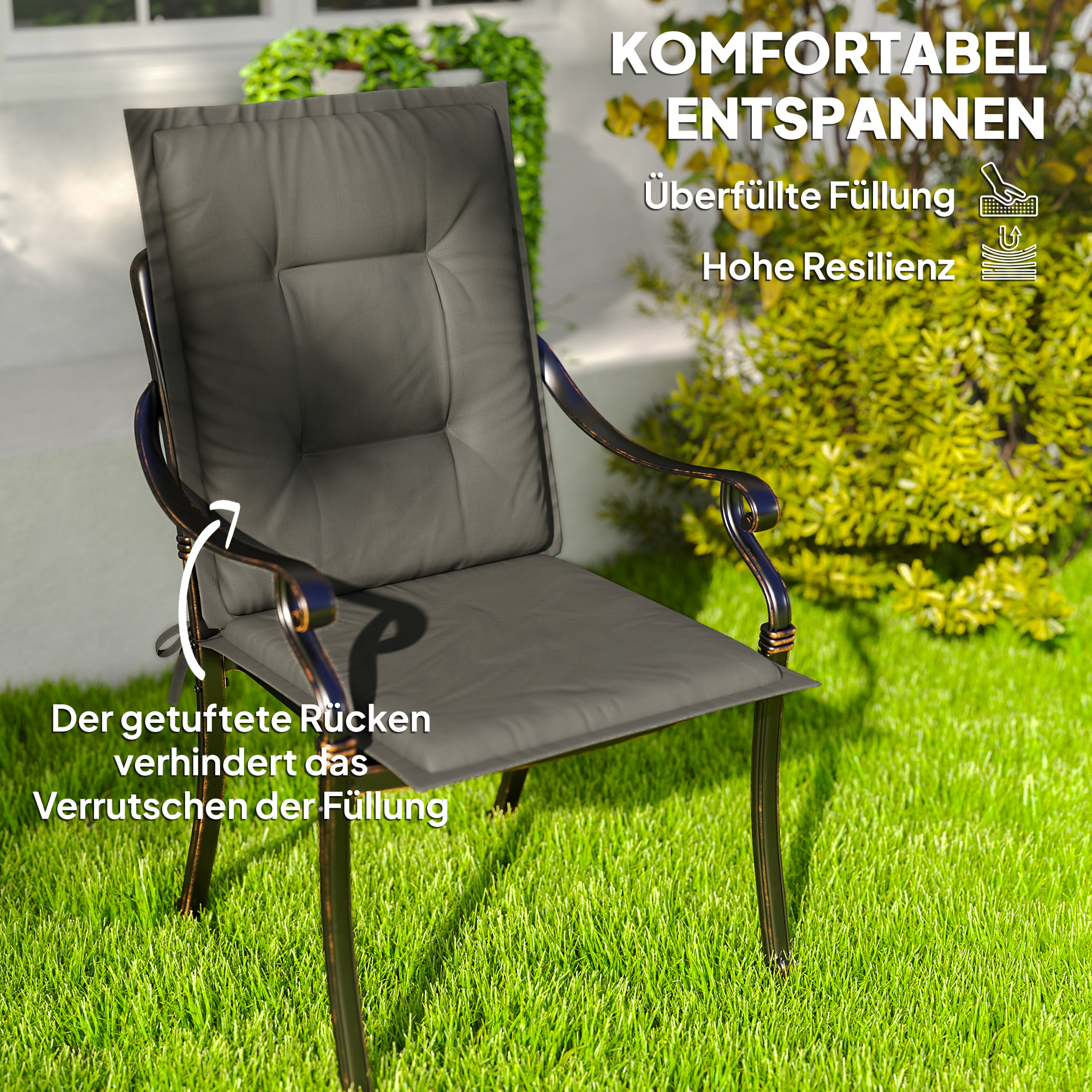 4er Set Sitzkissen 108 x 50 x 5 cm Stuhlkissen mit Bändern, Outdoor Indoor Sitzauflage Hellgrau