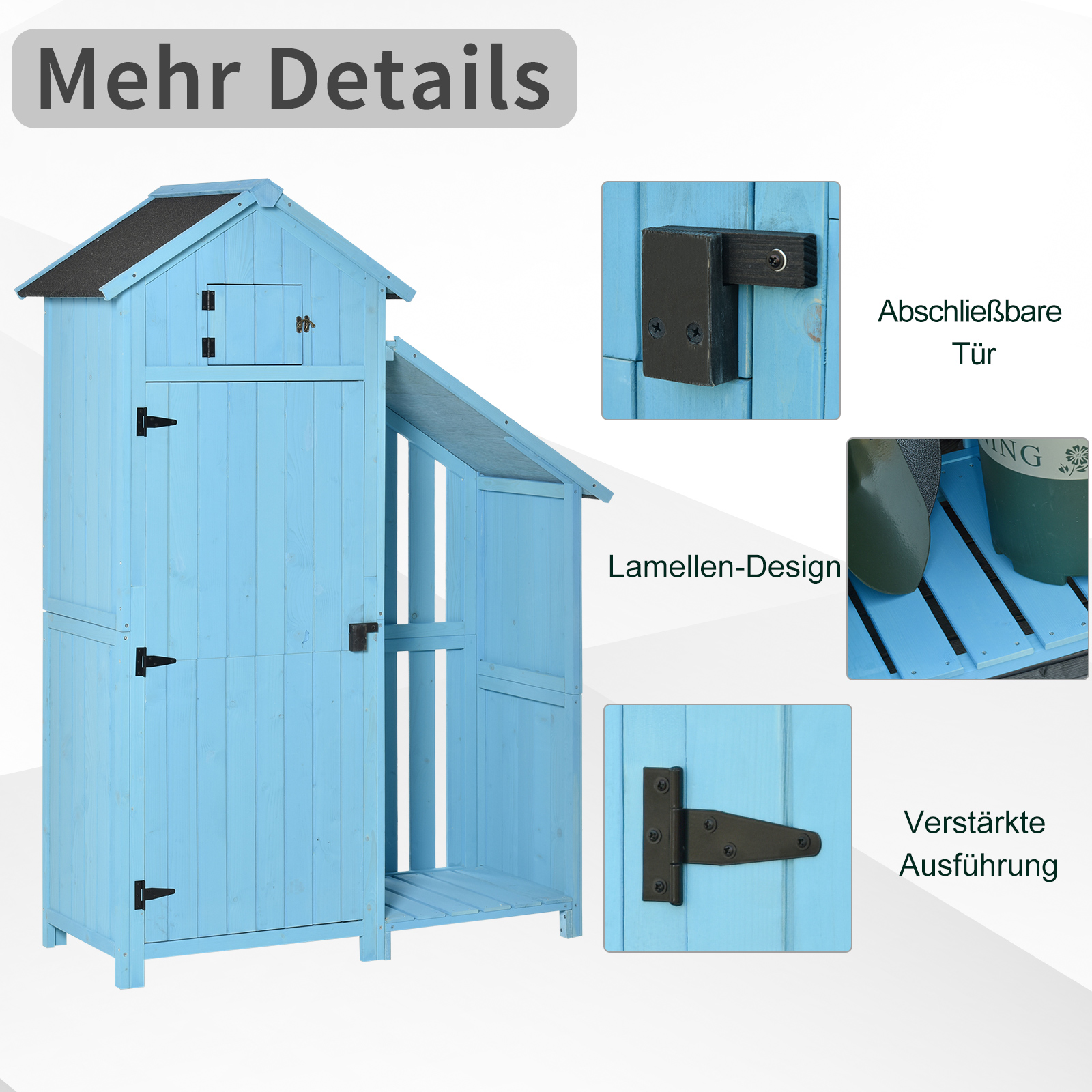 Gartenhaus Gerätehaus Geräteschuppen mit Brennholzlagerraum Geräteschuppen mit 3 Ablagen Asphaltdach Tannenholz Himmelblau 130 x 54,5 x 180 cm
