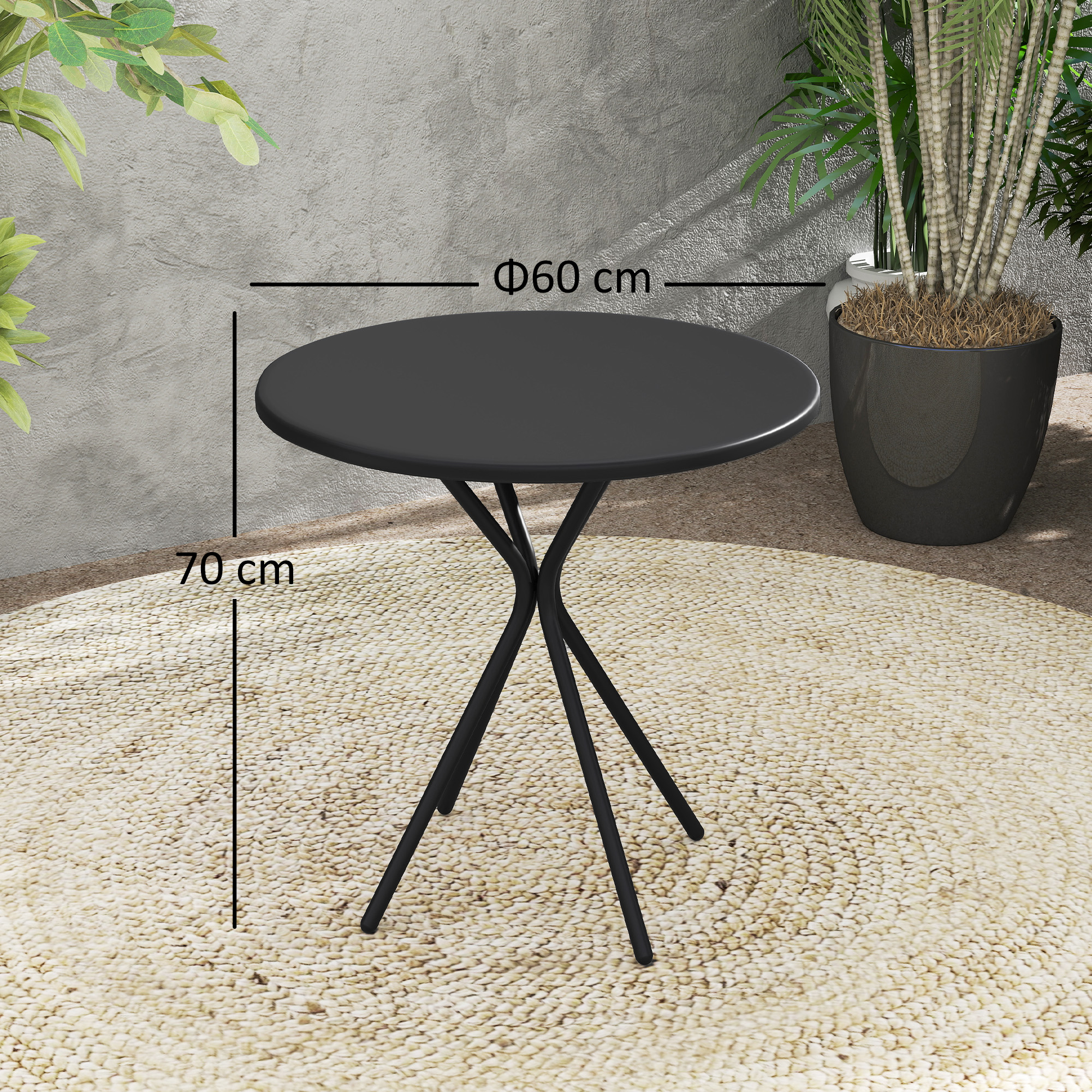 Gartentisch Ø60 x 70 cm, Wetterfest Balkontisch aus Stahl, Runder Esstisch mit Fußpolster Schwarz