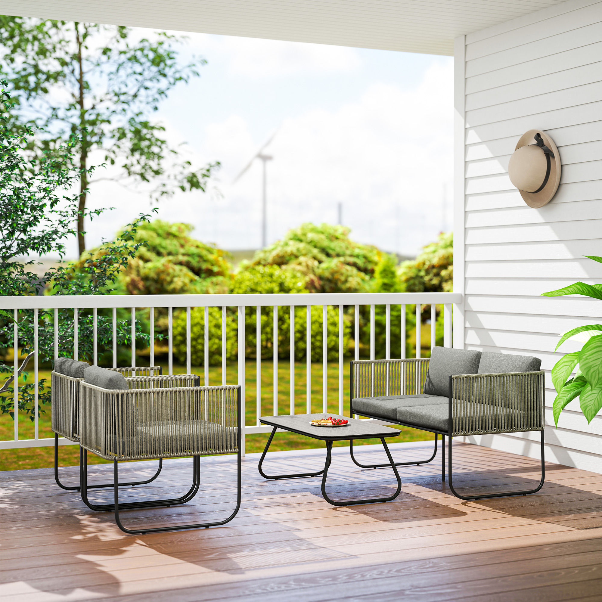 Gartenmöbel Set aus Polyrattan Lounge-Set mit Sofa Sessel Tisch Kissen wetterfest 116 x 60 x 69 cm Braun+Dunkelgrau