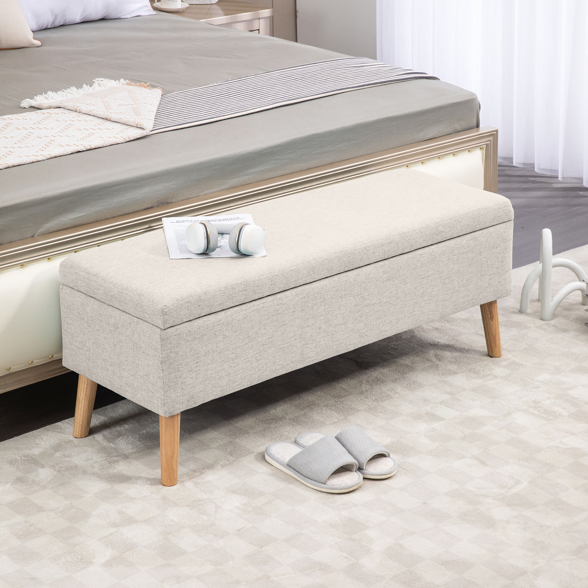 Sitzbank mit Stauraum, bis 220 kg, Leinenoptik, 110x39x45cm, Beige