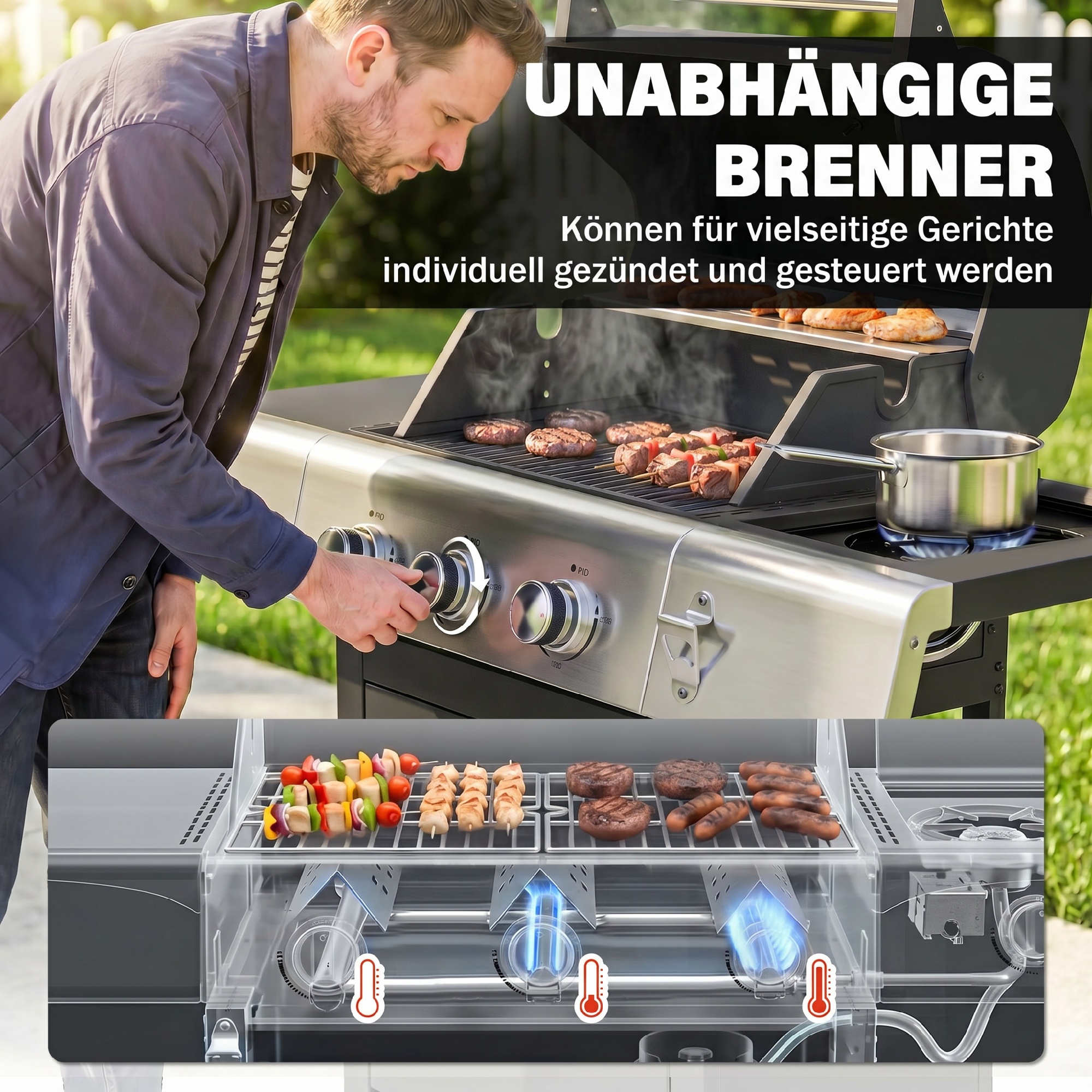 Gasgrill 10,5 KW 3+1 Brenner BBQ Grillwagen Edelstahl inkl Seitenbrenner Flaschenöffner Thermometer Gusseisen-Grillrost