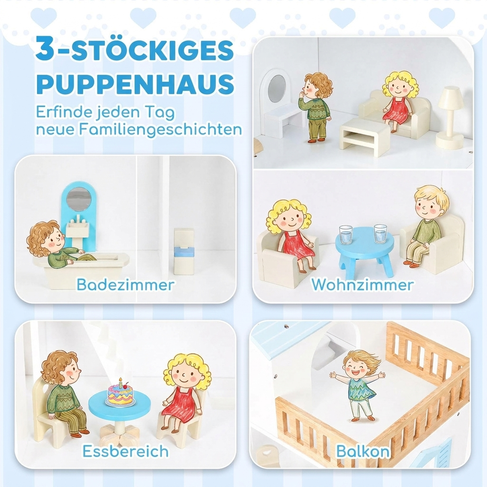 Puppenhaus 79,5 cm Hoch 3-stöckig mit Aufzug 13 Möbeln Balkon Groß Geschenk für Mädchen von 3-6 Jahren Blau