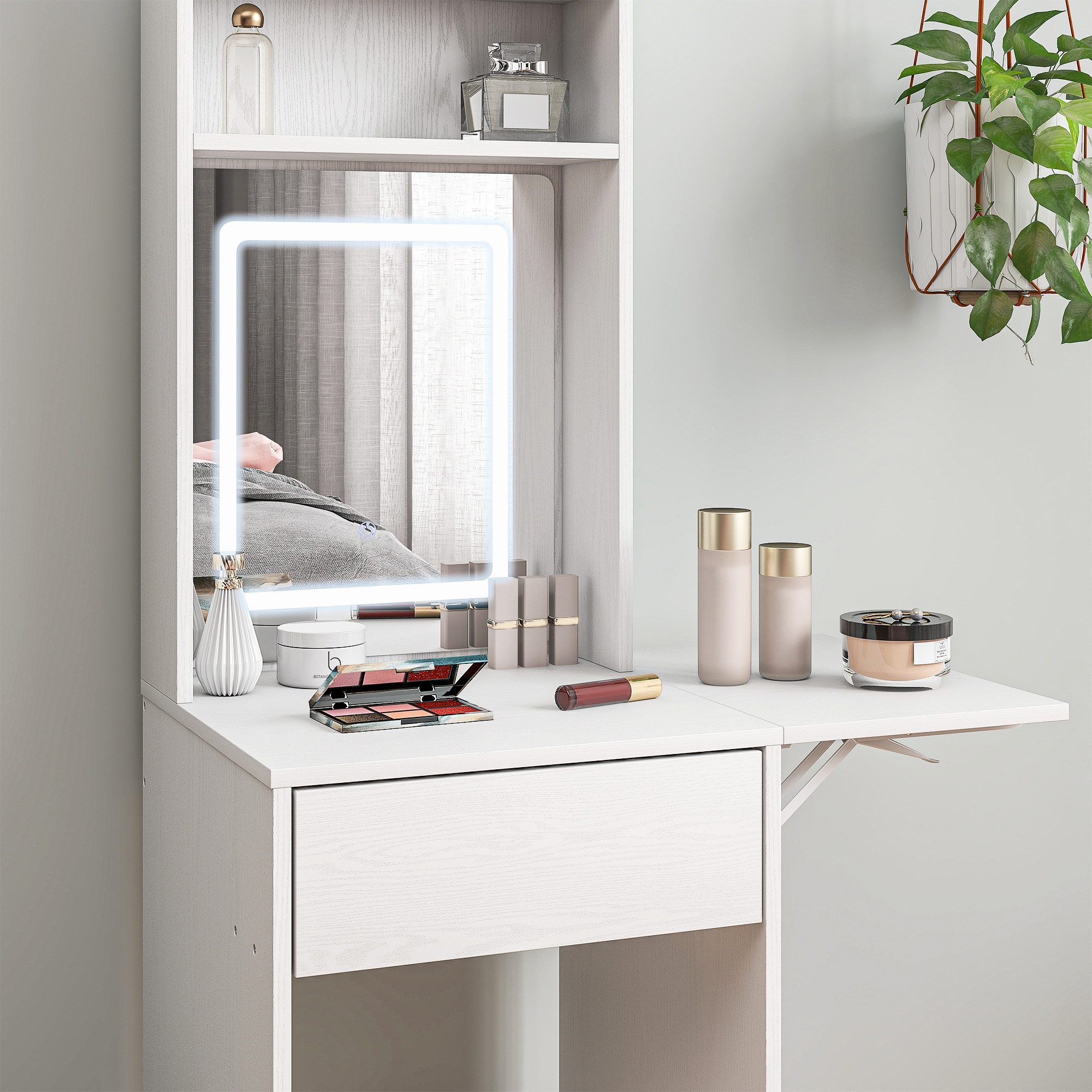 Kompakter Schminktisch mit Spiegel und LED-Beleuchtung, klappbare Tischplatte, offenere Regale, Schublade, MDF, Weiß