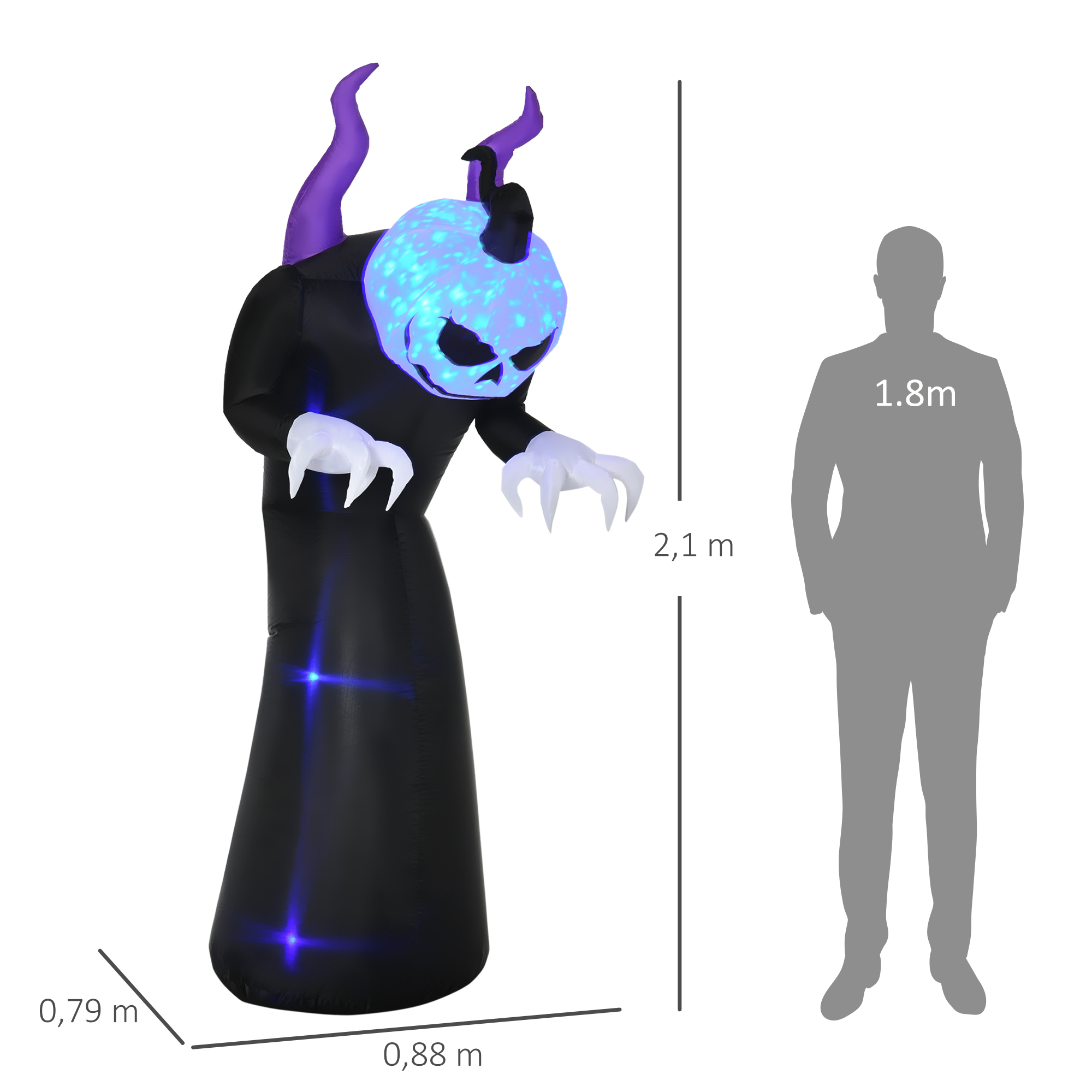 Gespenst mit Kürbiskopf Halloweendeko aufblasbar mit blauem Flammeneffekt 88 x 79 x 210cm