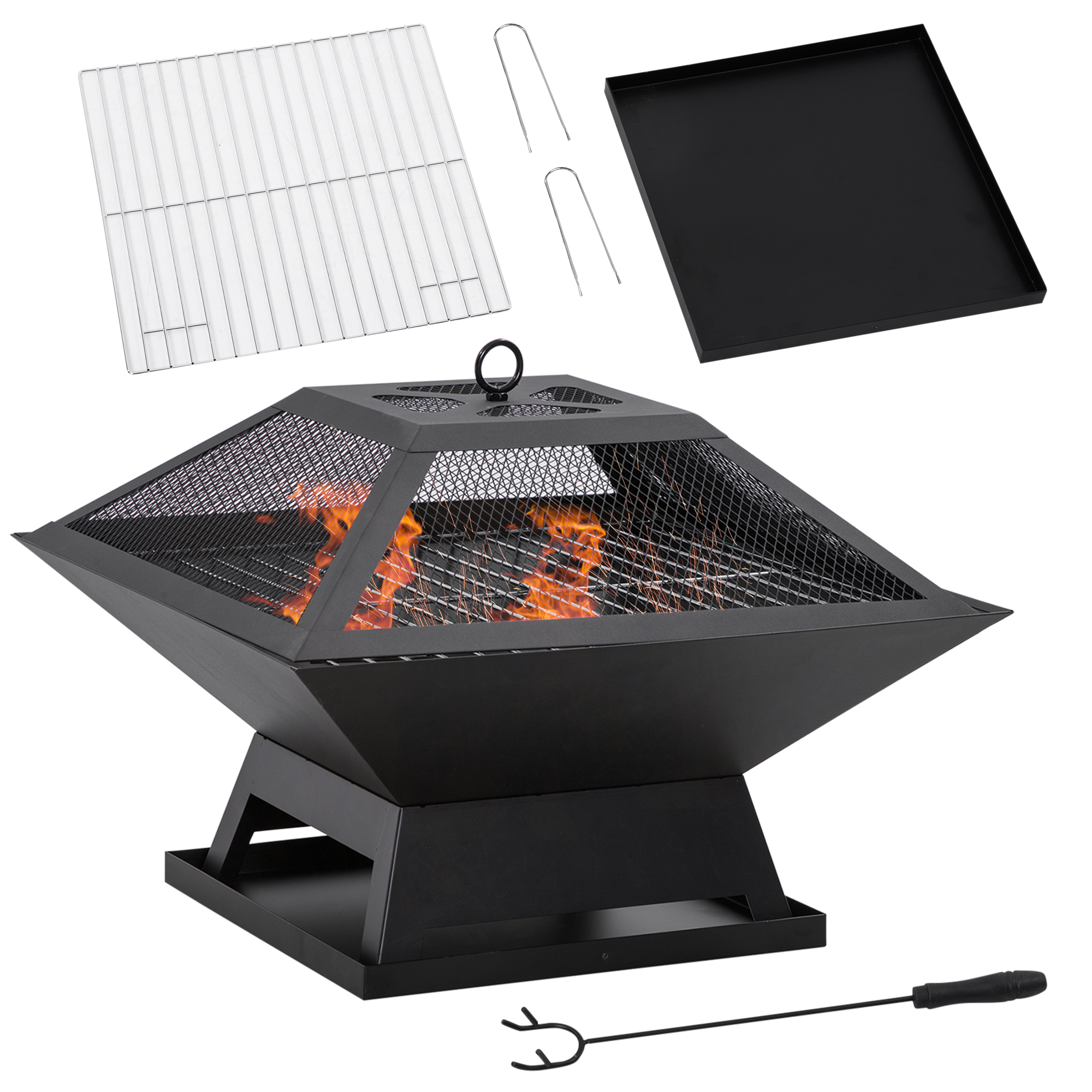 Feuerschale 45 x 45 x 34cm aus Edelstahl Feuerstelle mit Funkenschutz Schürhaken Feuerschalen Feuerkorb für Garten, Balkon, BBQ Camping Schwarz