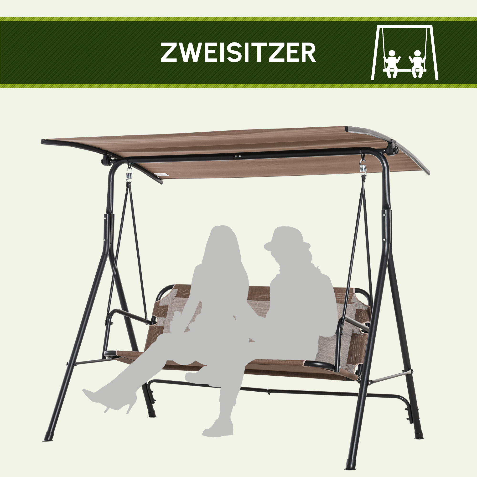 2-Sitzer Hollywoodschaukel Outdoor Gartenliege UV-beständig Hochwertiges Metallrohr winkeleinstellbar Braun