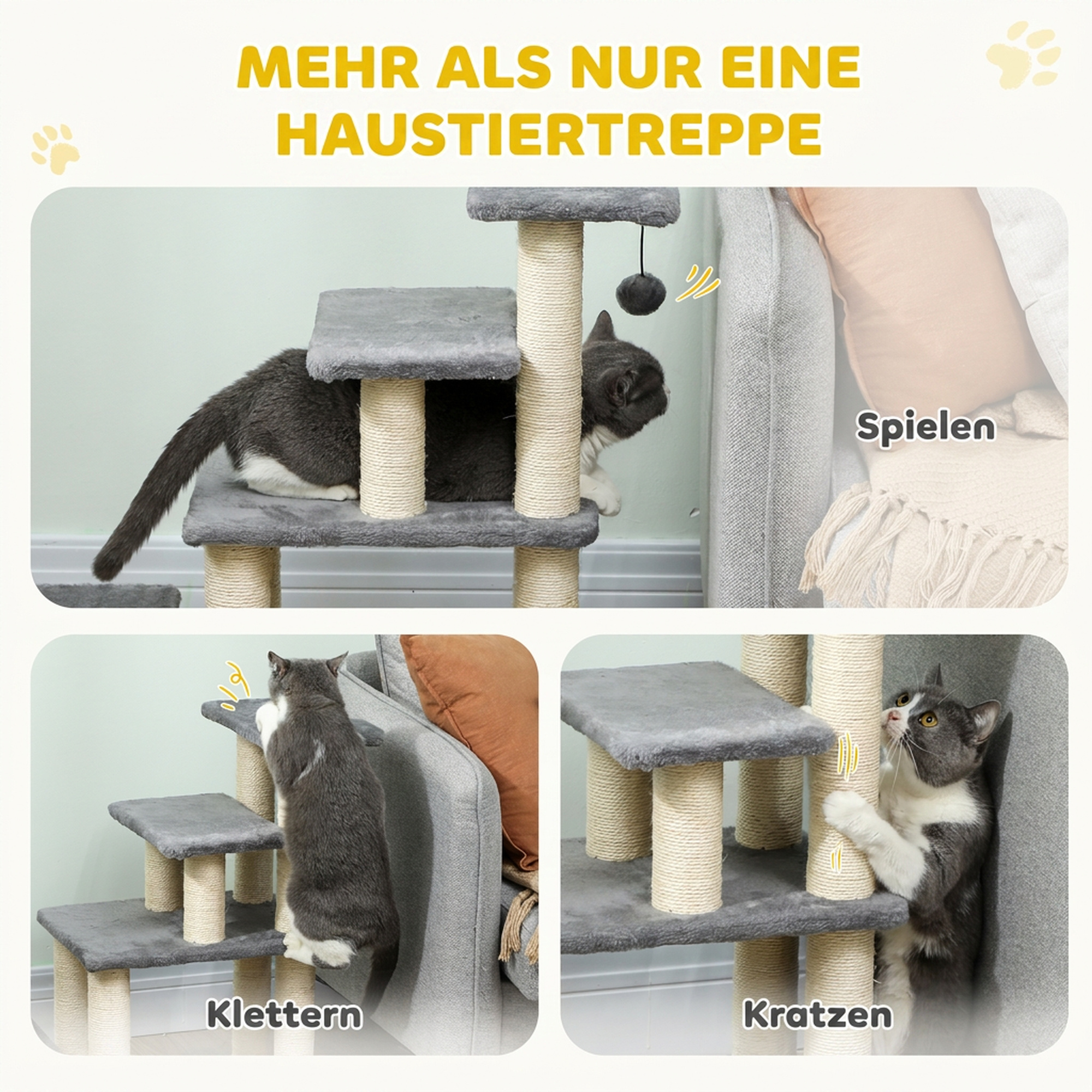 Hundetreppe 4 Stufen 68 cm Hoch verstellbar Haustiertreppe für Kleine Hunde Katzentreppe Sisal Kratzbäumen, Spielball