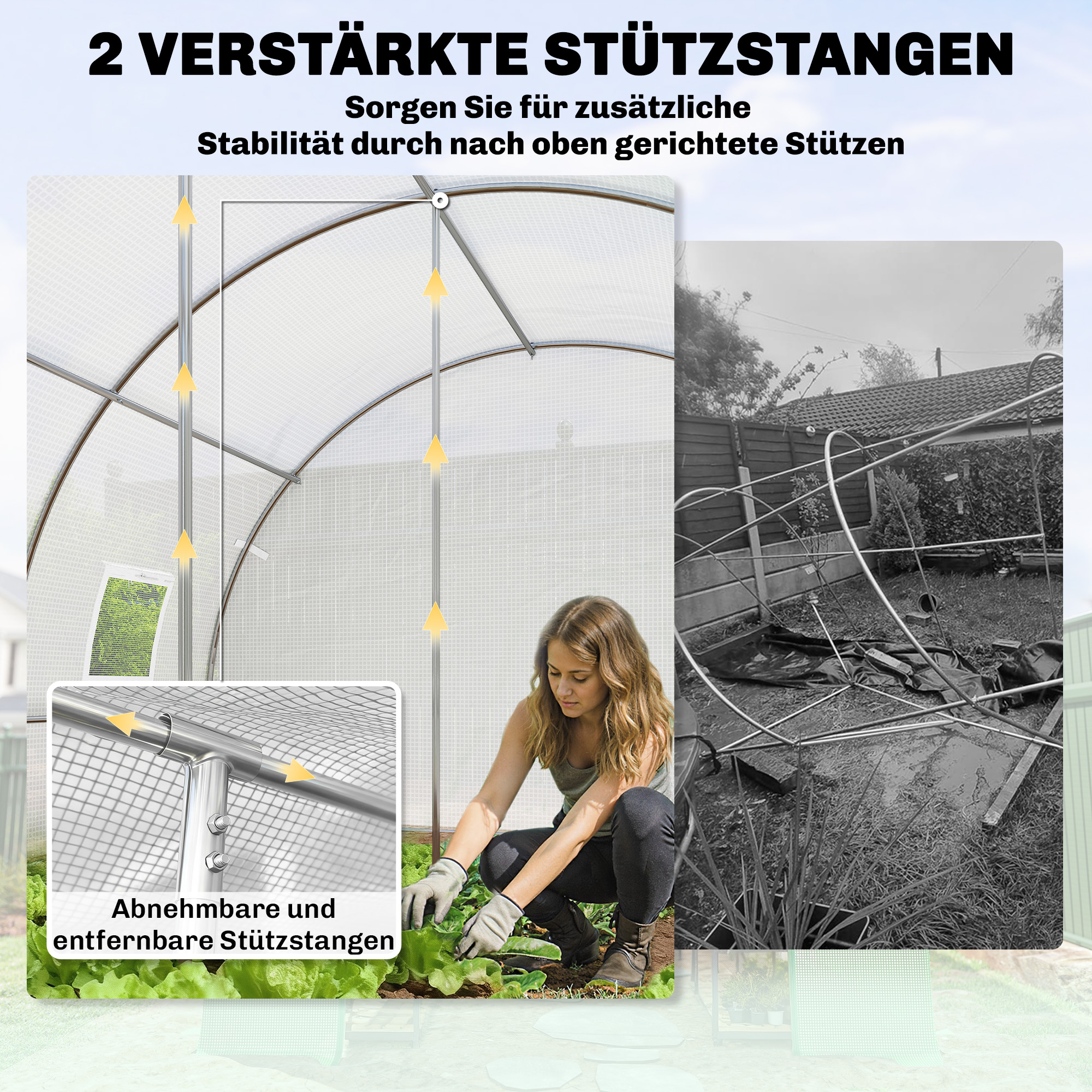 Foliengewächshaus, Kunststoff-Abdeckung, Maschentür, Stützstangen, Weiß