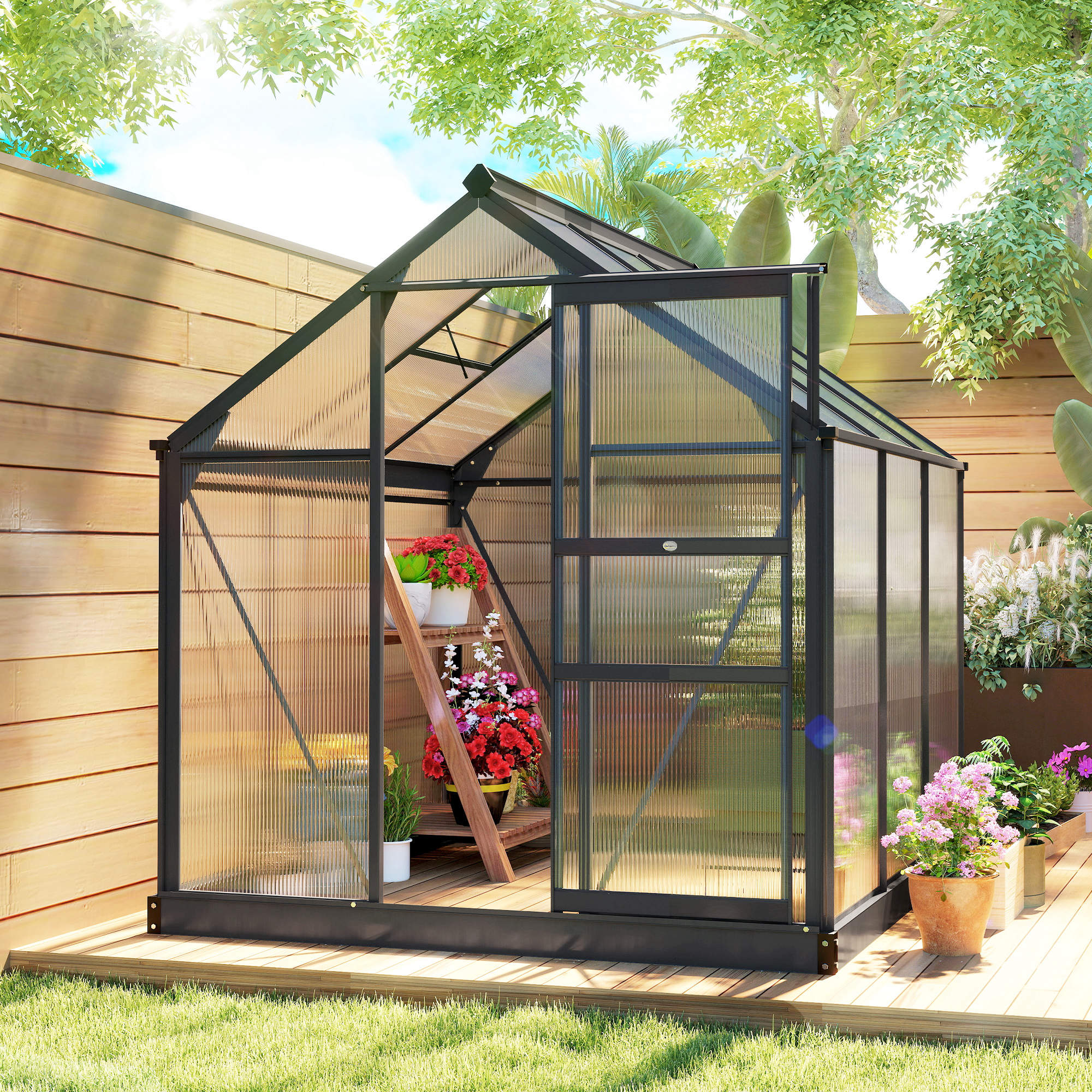 Gewächshaus Aluminium 3,65m² 190x192x201cm mit Fundament Dachfenster Schiebetür 4 mm Platten, UV-beständig
