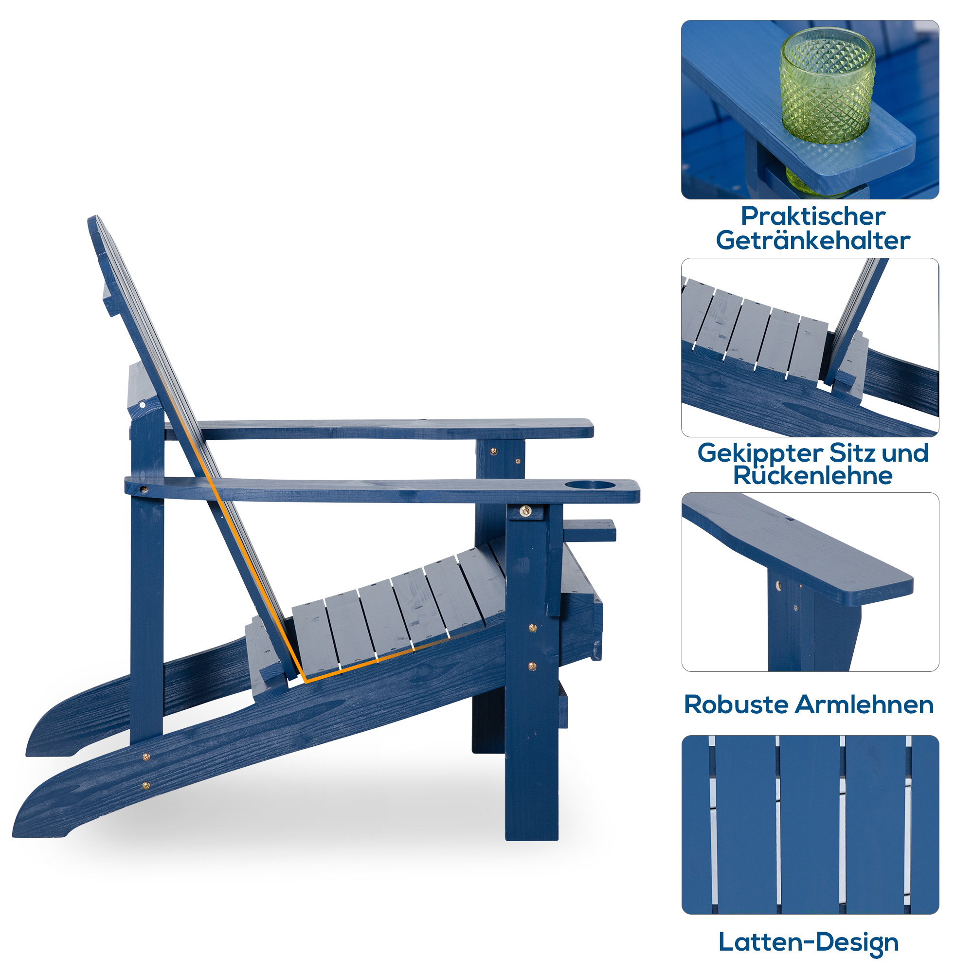 Andirondack-Gartenstuhl Gartenstuhl Liegestuhl, verstellbare Rückenlehne, 72B x 94T x 93H cm, Blau