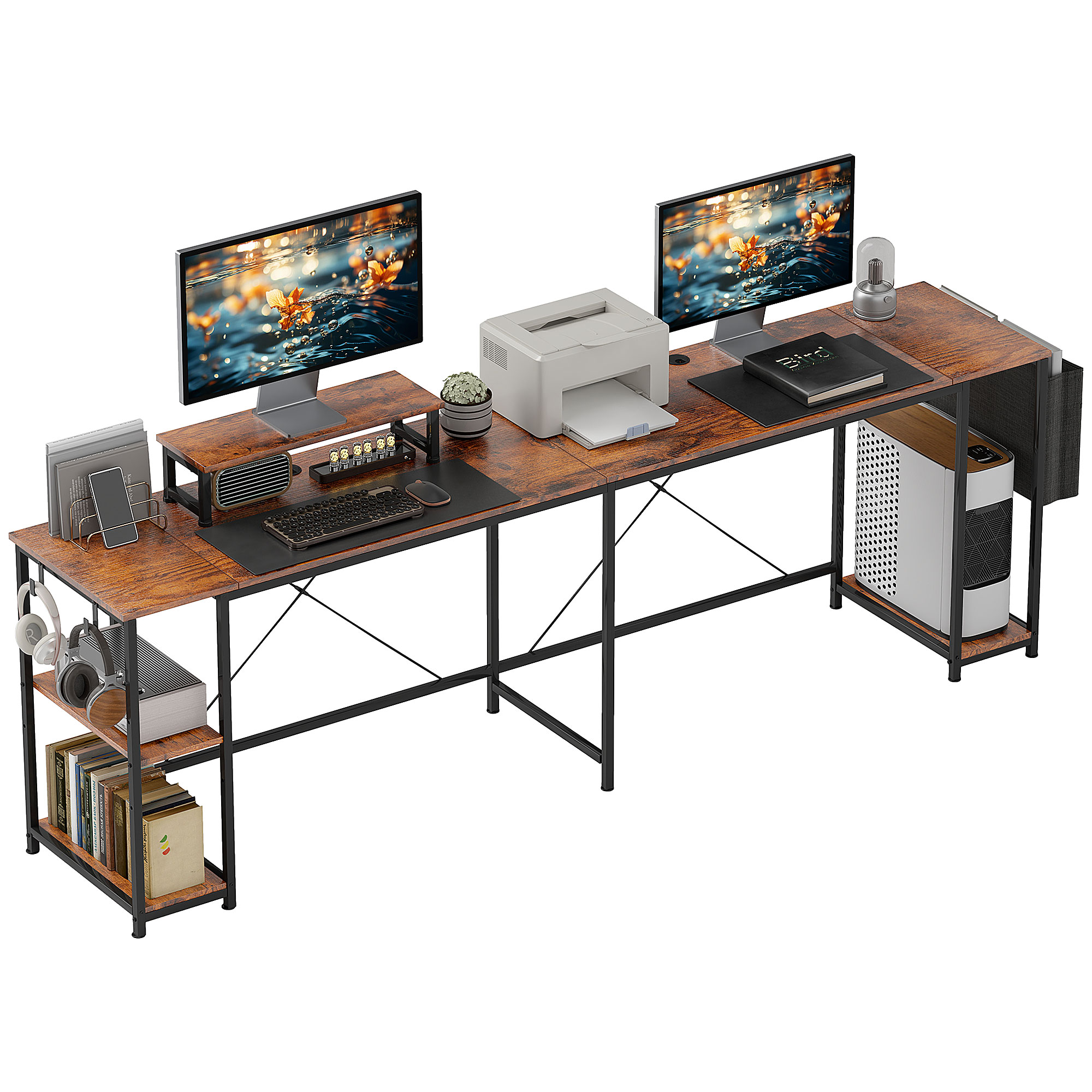 L-förmiger Schreibtisch, Vielseitiger Bürotisch mit einstellbaren Regalen und Aufbewahrungstasche, Monitorständer, Braun L-förmiger Schreibtisch, Vielseitiger Bürotisch mit einstellbaren Regalen und Aufbewahrungstasche, Monitorständer, Braun