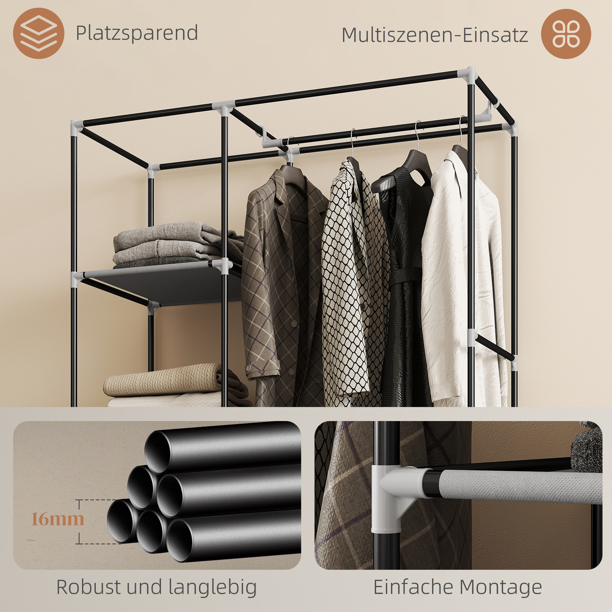 Schrank aus Stoff, Aufbewahrungslösung, 6 Regale, 1 Kleiderstange, Hellgrau
