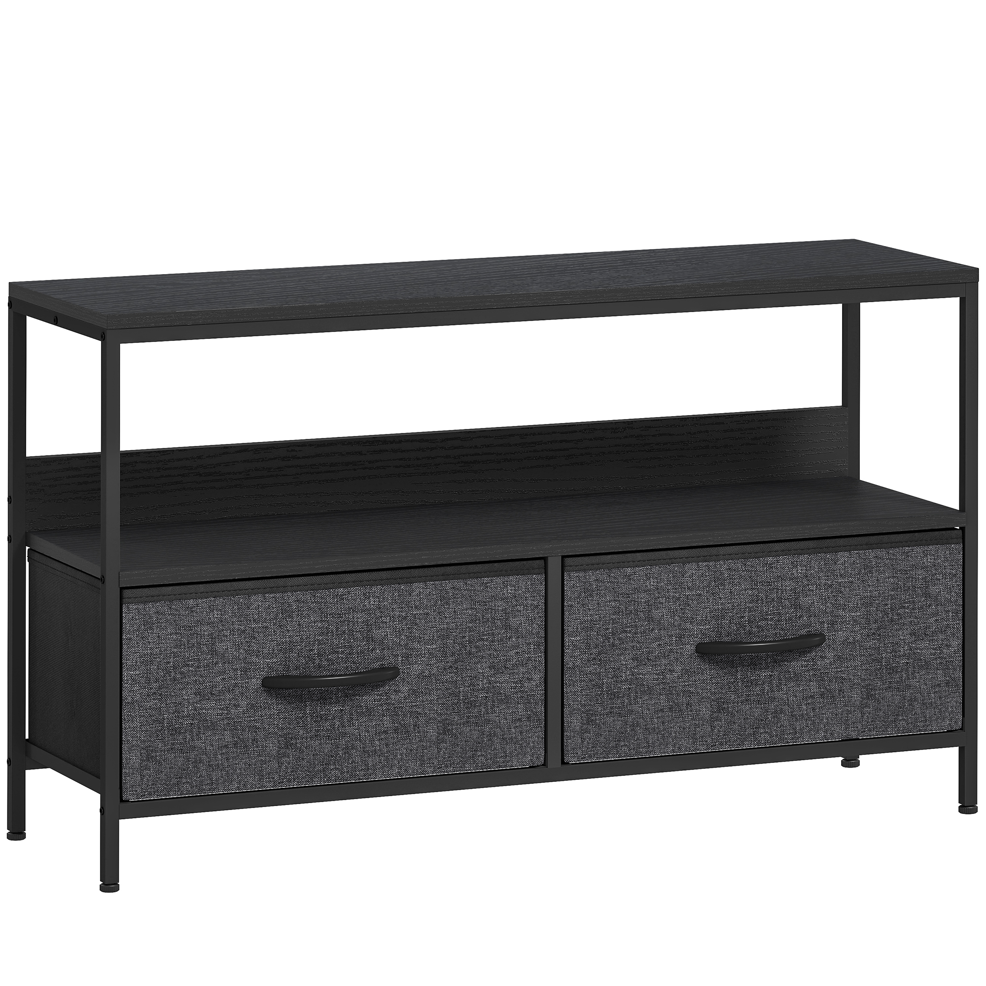 TV Schrank Lowboard mit 2 Schubladen, offenem Fach, für Fernseher bis 47 Zoll, 98 x 29 x 56 cm, Schwarz+Dunkelgrau