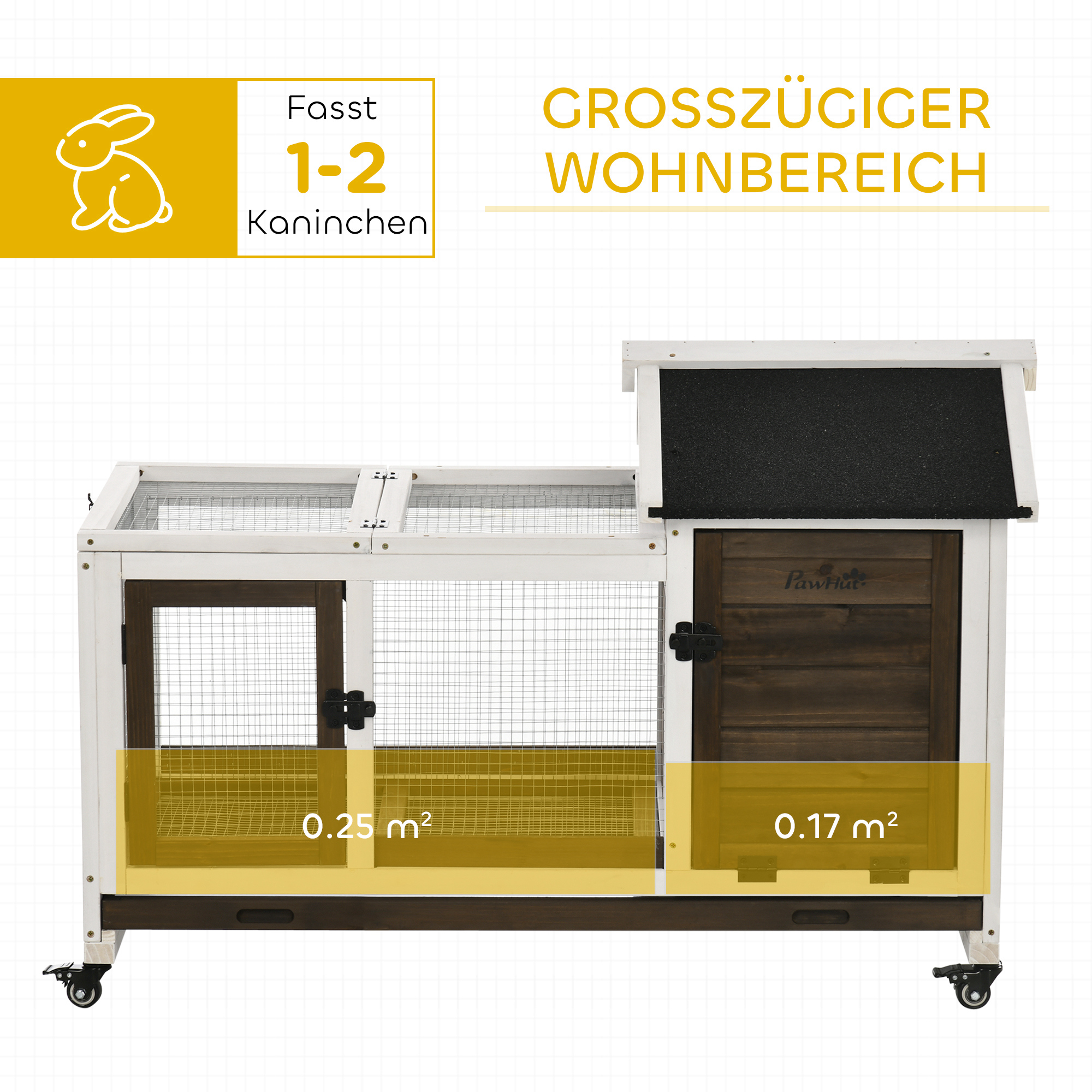 Kleintierstall für Zwergkaninchen, Meerschweinchen, mit Rädern, 108 x 58 x 73,5 cm, Kaffee