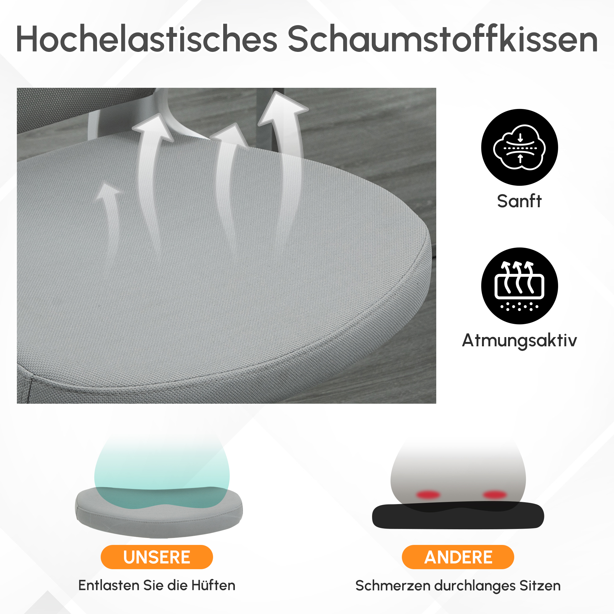 Bürostuhl ergonomischer Shreibtischstuhl mit Wippfunktion hoher Rückenlehne Lendenwirbelstütze Kopfstütze hochklappbarem Arm Home-Office Grau 65 x 64 x 114-122 cm