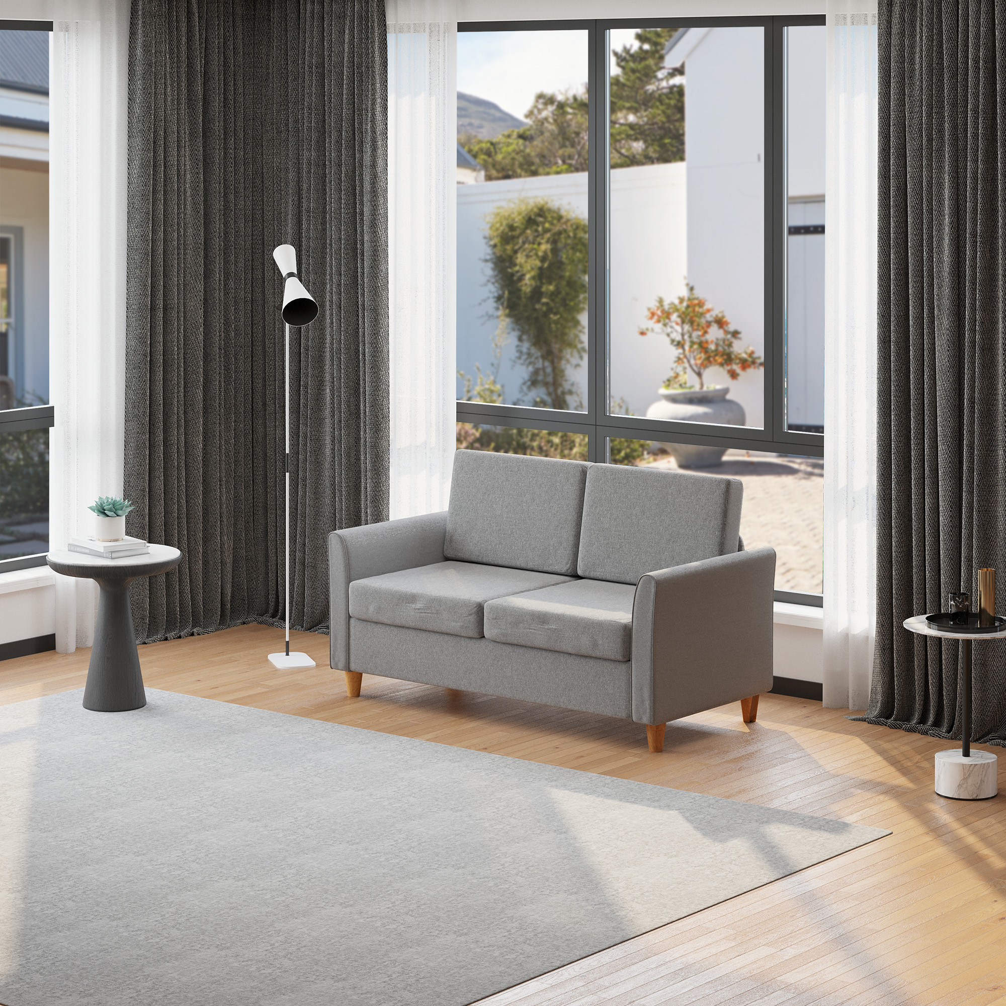 Zweisitzer Sofa | Abnehmbare Kissen | Leinen, Schaumstoff, Kautschukholz | Hellgrau | 141 x 70 x 78 cm