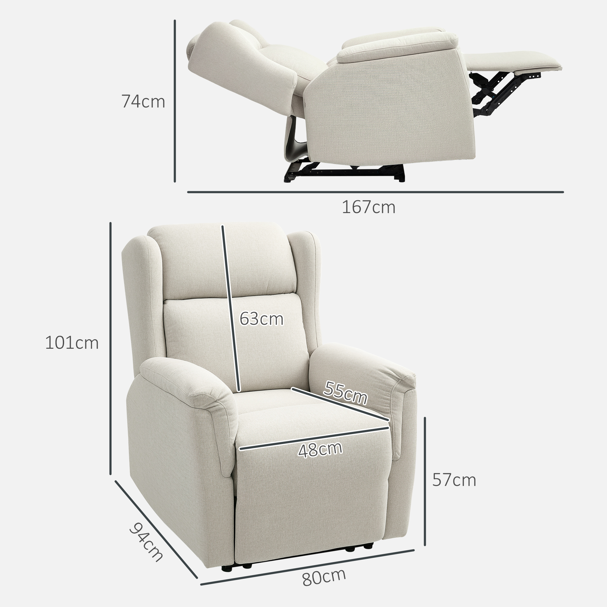 Relaxsessel, Verstellbarer Polstersessel mit Fußstütze, 160° neigbar, Leinenoptik, schneller Aufbau, Beige